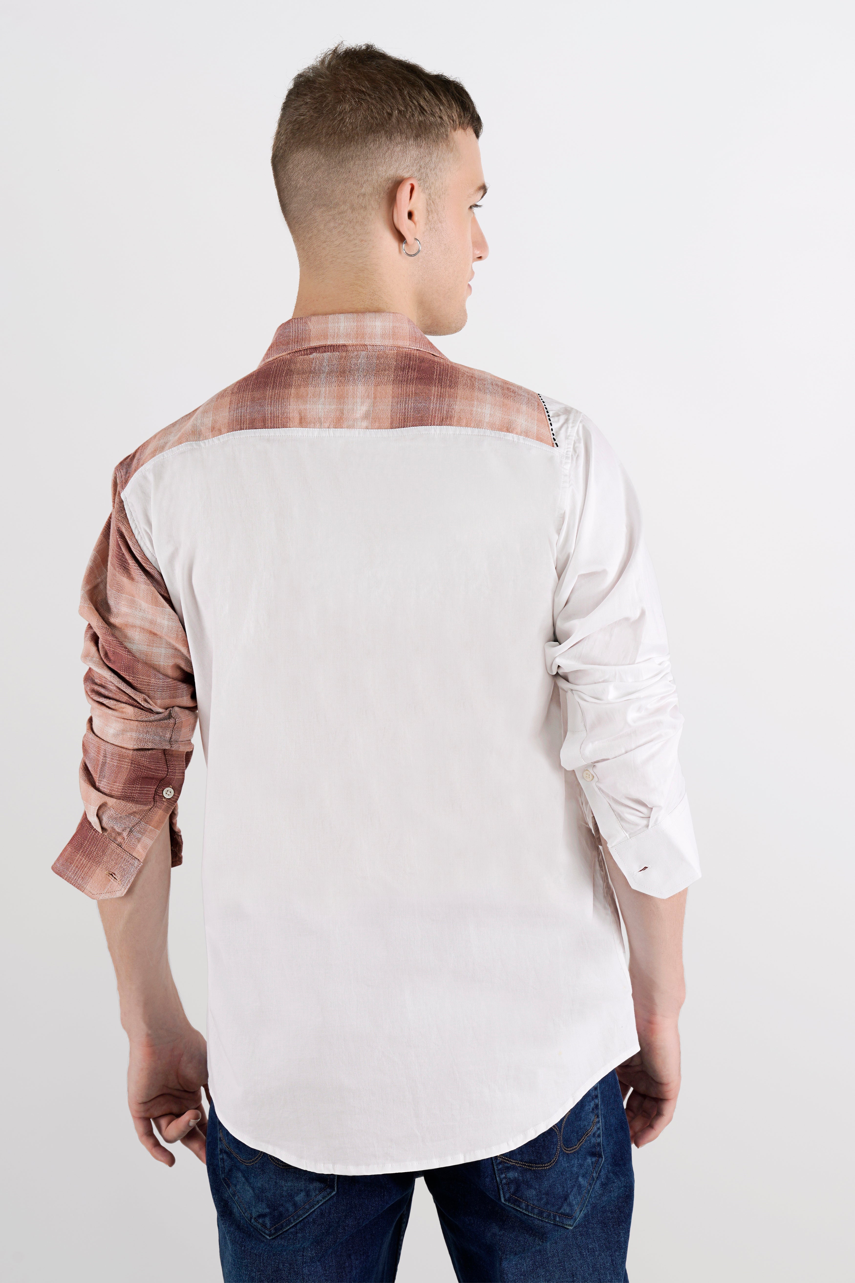 Bright White with Bizarre Brown Checkered with Hand Stitched Chambray Designer Shirt