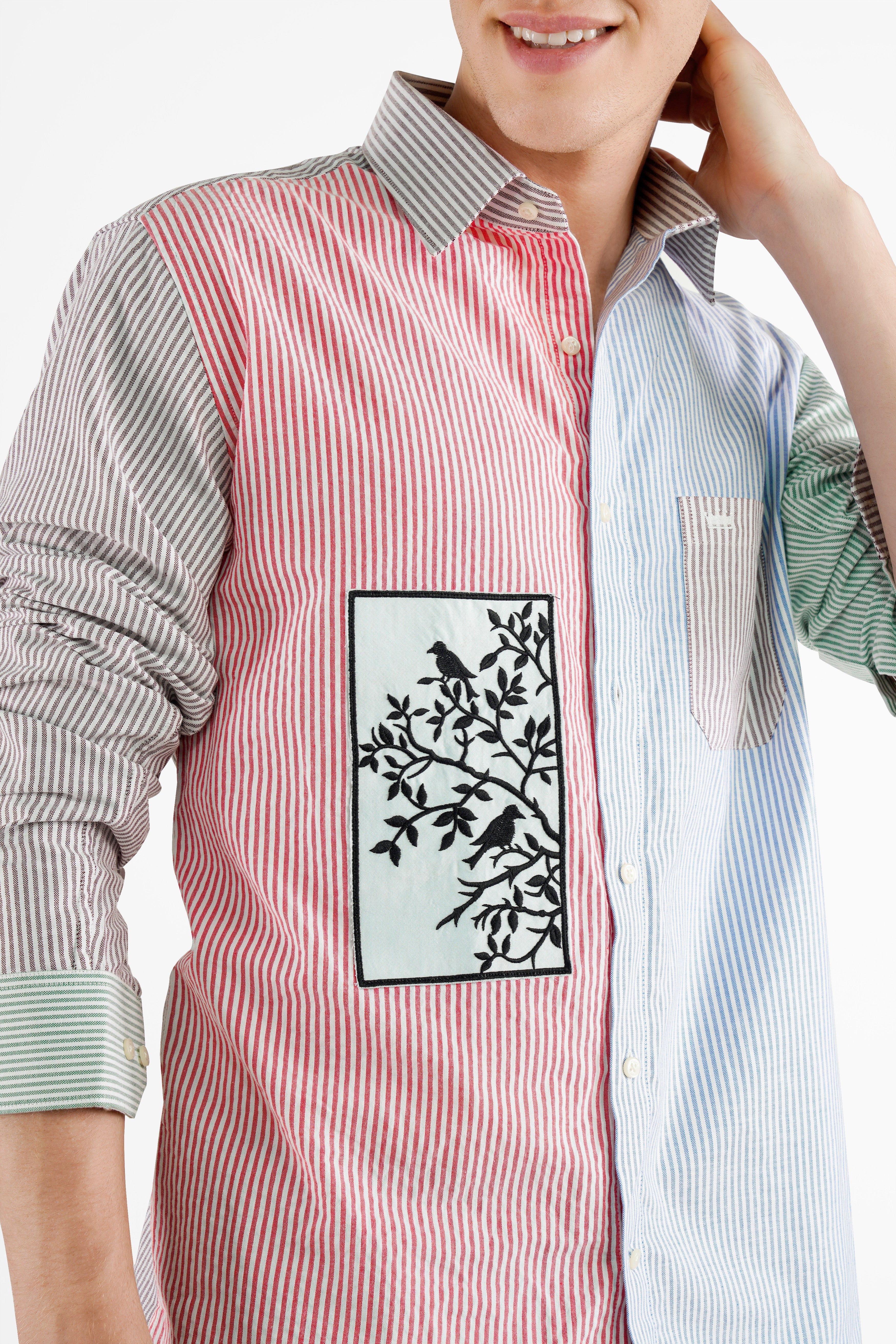 Blush Pink with Cerulean Blue Striped with Embroidered Patchwork Premium Cotton Designer Shirt