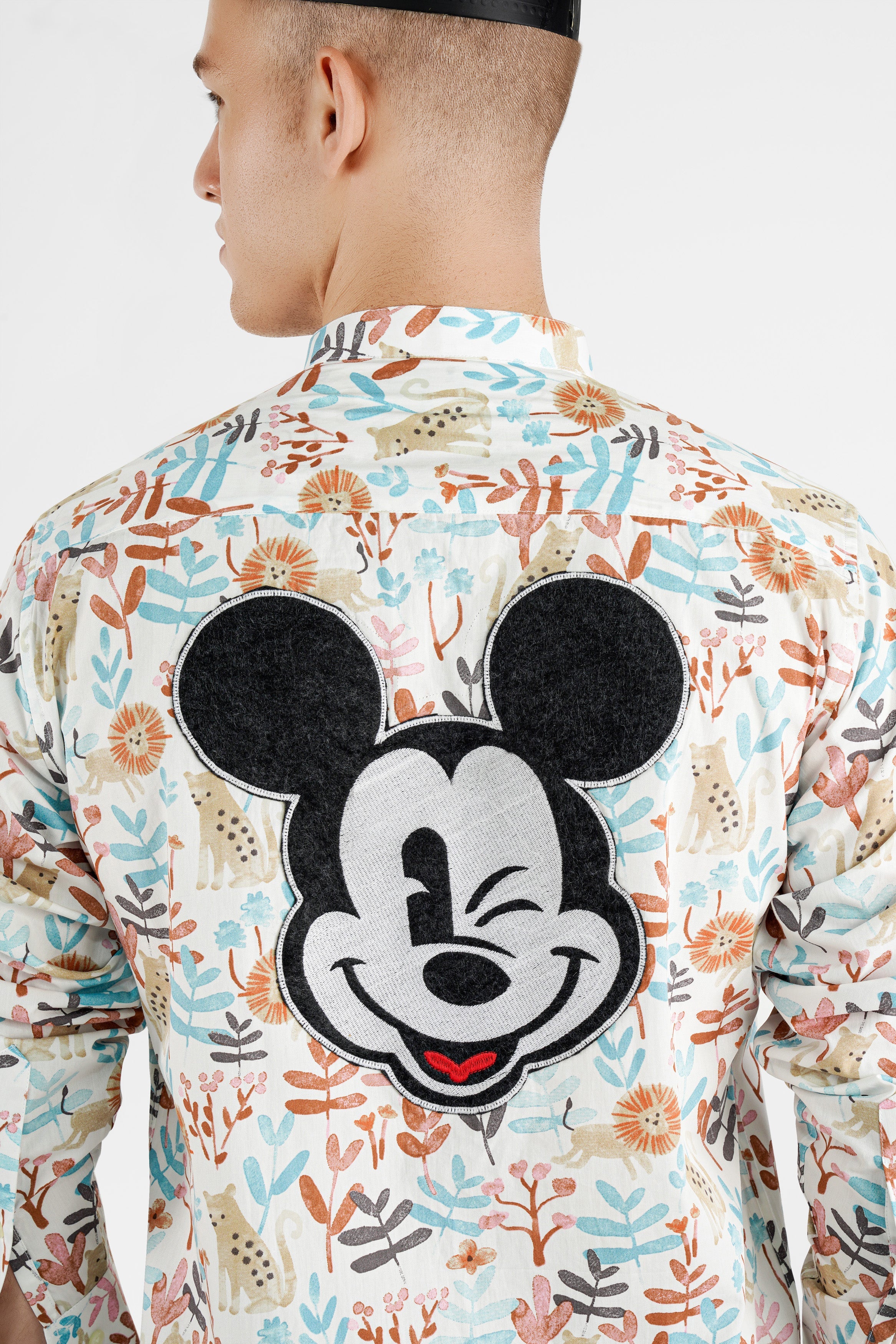 Bright White Multicolour Printed with Embroidered Mickey Patchwork Premium Cotton Designer Shirt