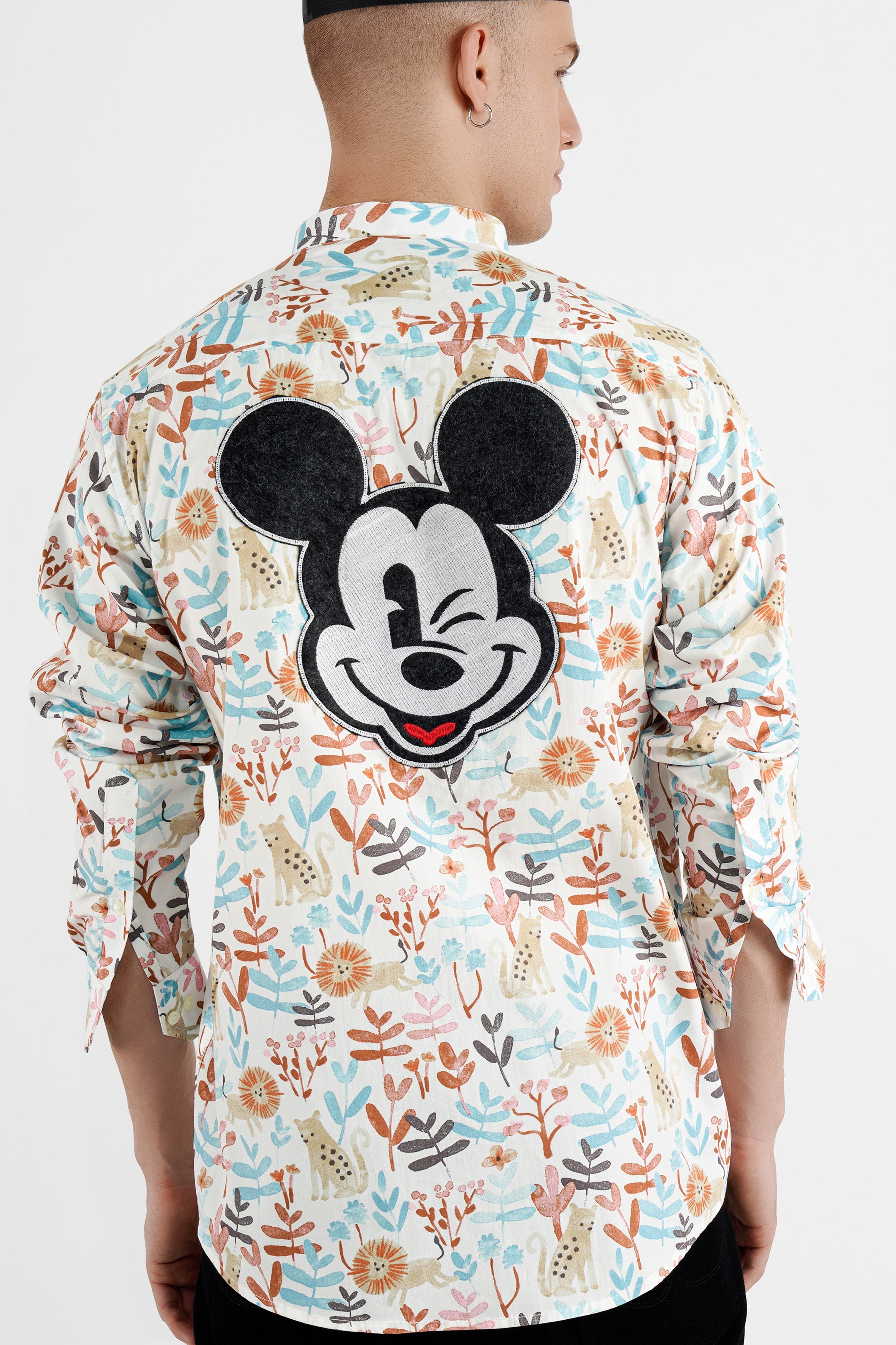 Bright White Multicolour Printed with Embroidered Mickey Patchwork Premium Cotton Designer Shirt