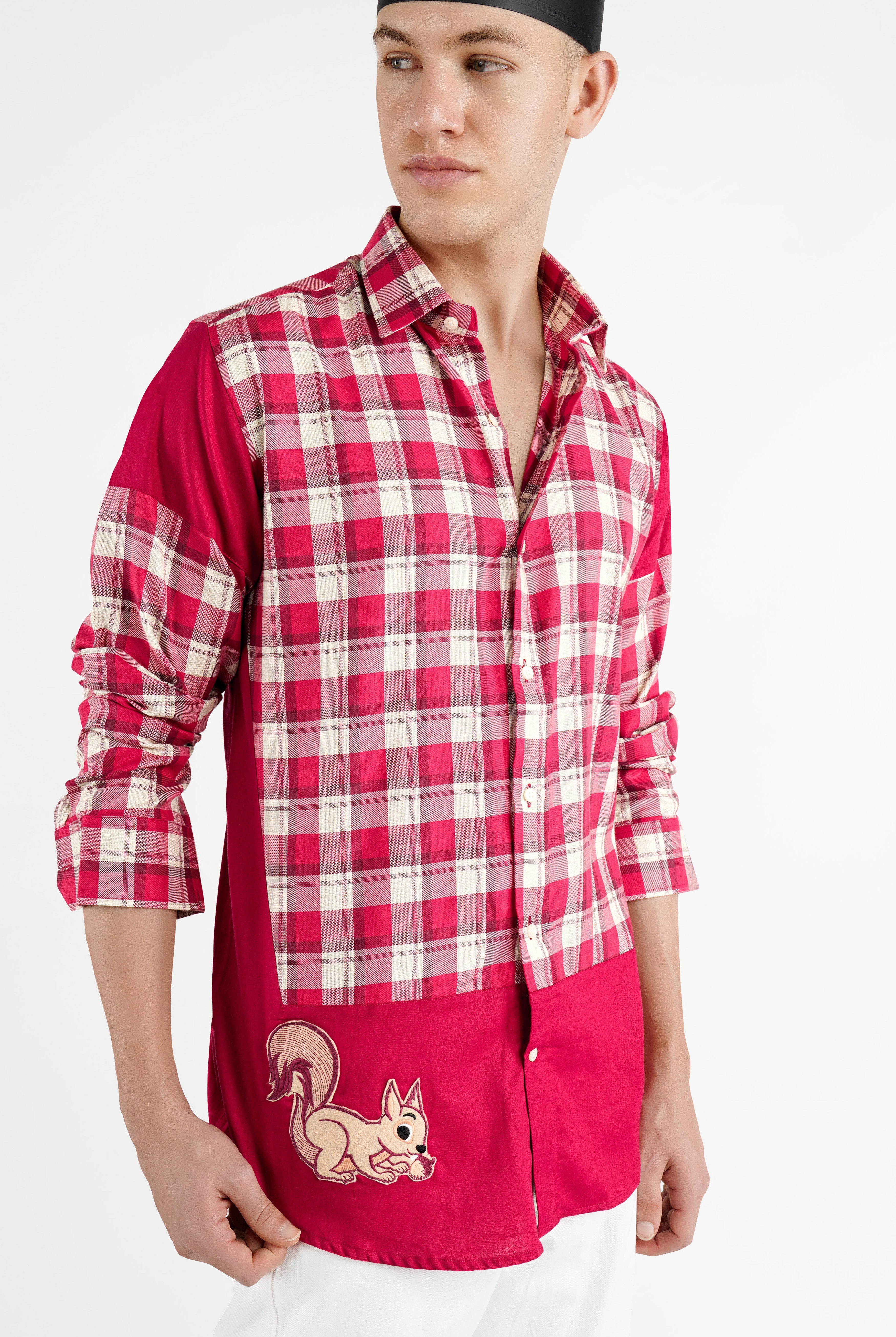 Cardinal Red with White Checkered Rabbit Patchwork Dobby Premium Giza Cotton Designer Shirt