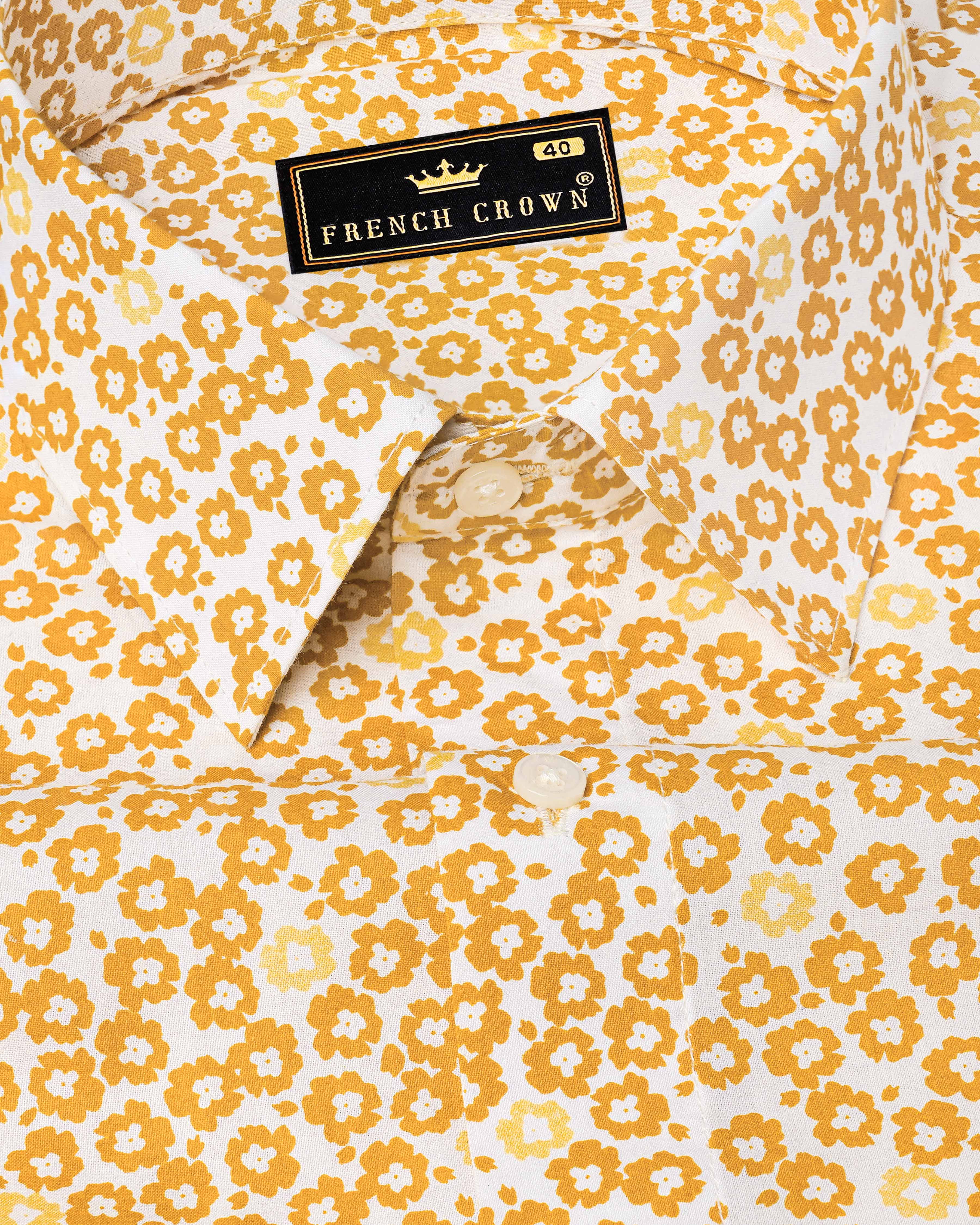 Cantaloupe Yellow with White Ditsy Printed Premium Cotton Shirt 8239-38,8239-H-38,8239-39,8239-H-39,8239-40,8239-H-40,8239-42,8239-H-42,8239-44,8239-H-44,8239-46,8239-H-46,8239-48,8239-H-48,8239-50,8239-H-50,8239-52,8239-H-52