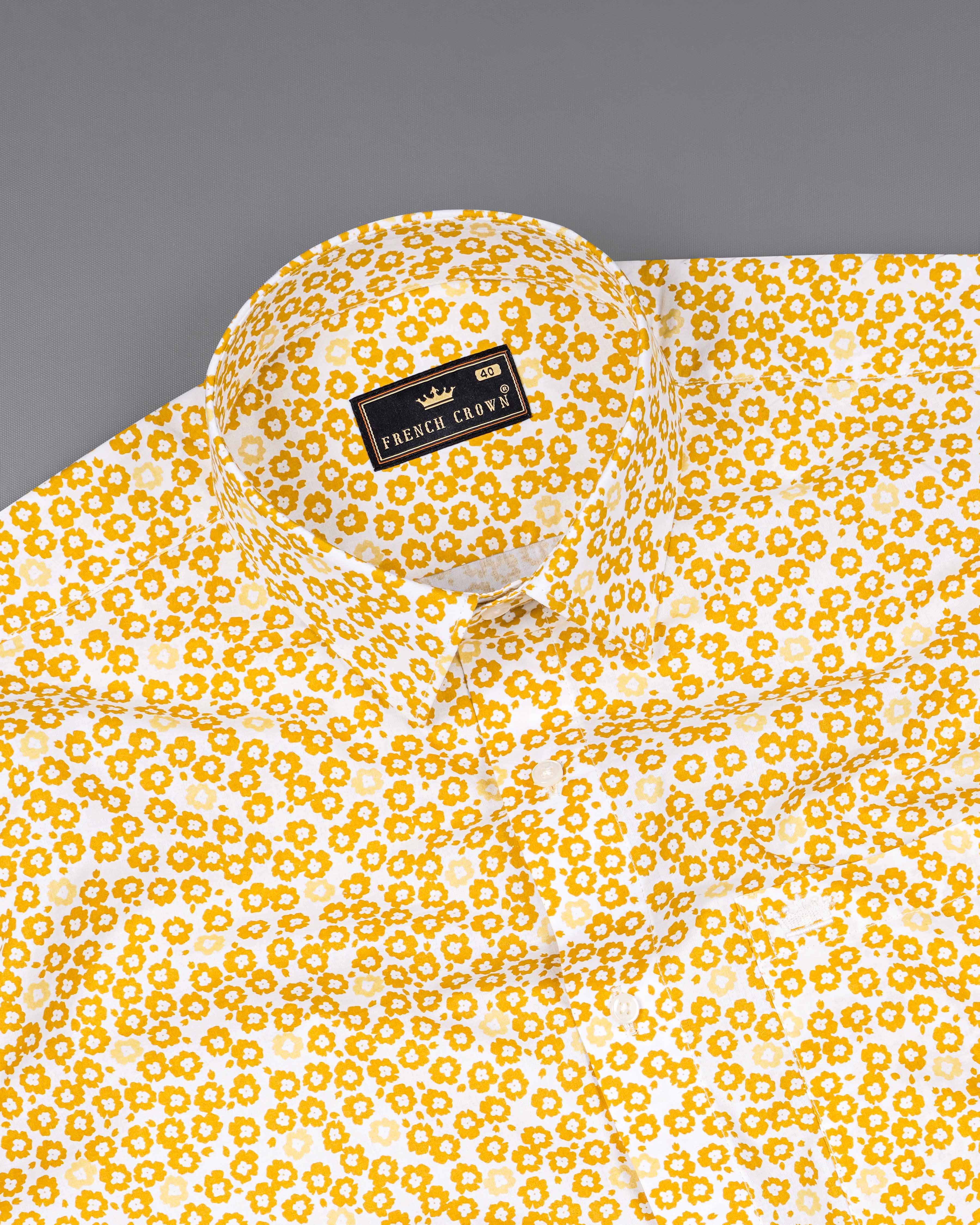 Cantaloupe Yellow with White Ditsy Printed Premium Cotton Shirt 8239-38,8239-H-38,8239-39,8239-H-39,8239-40,8239-H-40,8239-42,8239-H-42,8239-44,8239-H-44,8239-46,8239-H-46,8239-48,8239-H-48,8239-50,8239-H-50,8239-52,8239-H-52