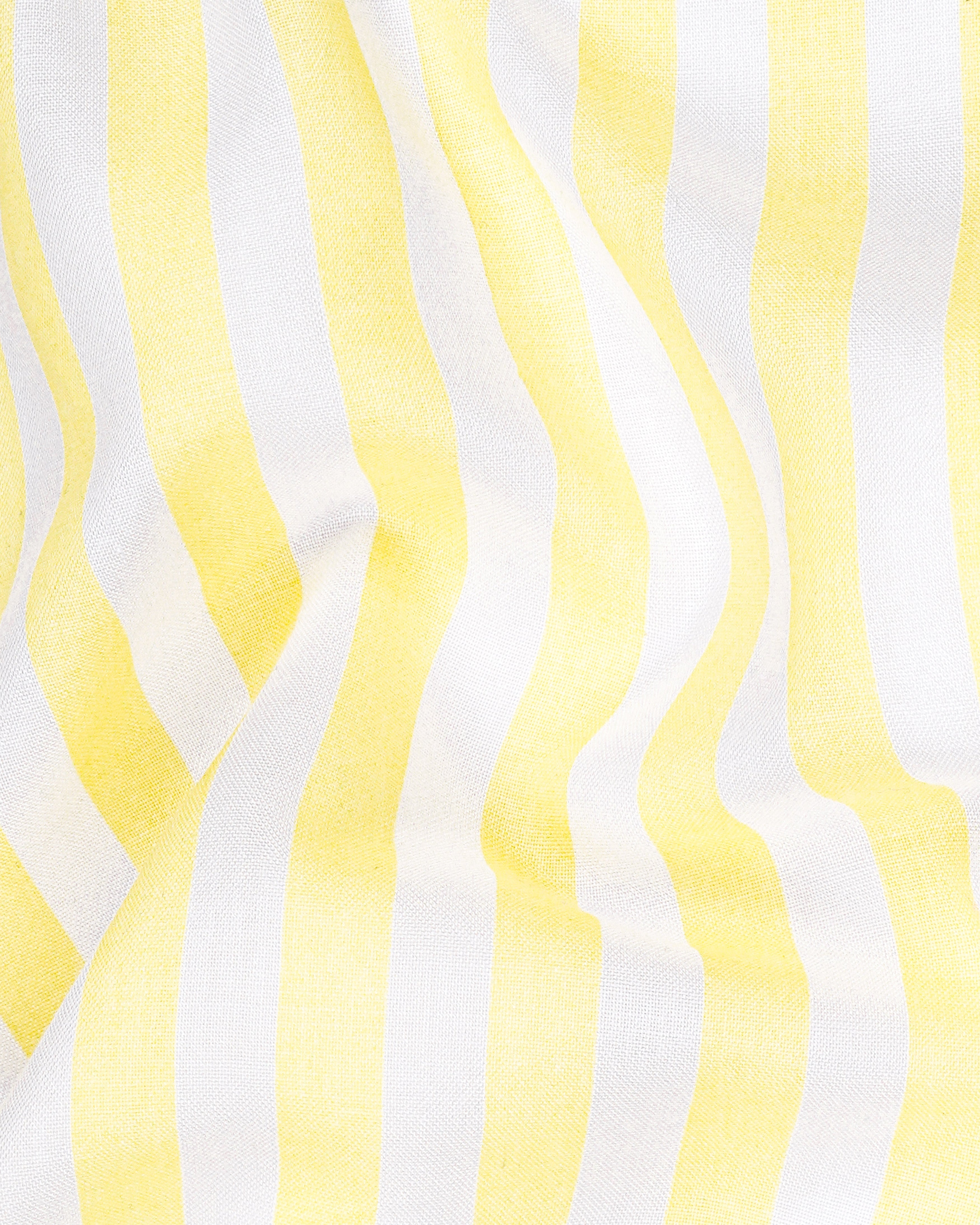 Bright White with Flax Yellow Striped Hand Painted Premium Tencel Designer Kurta Shirt