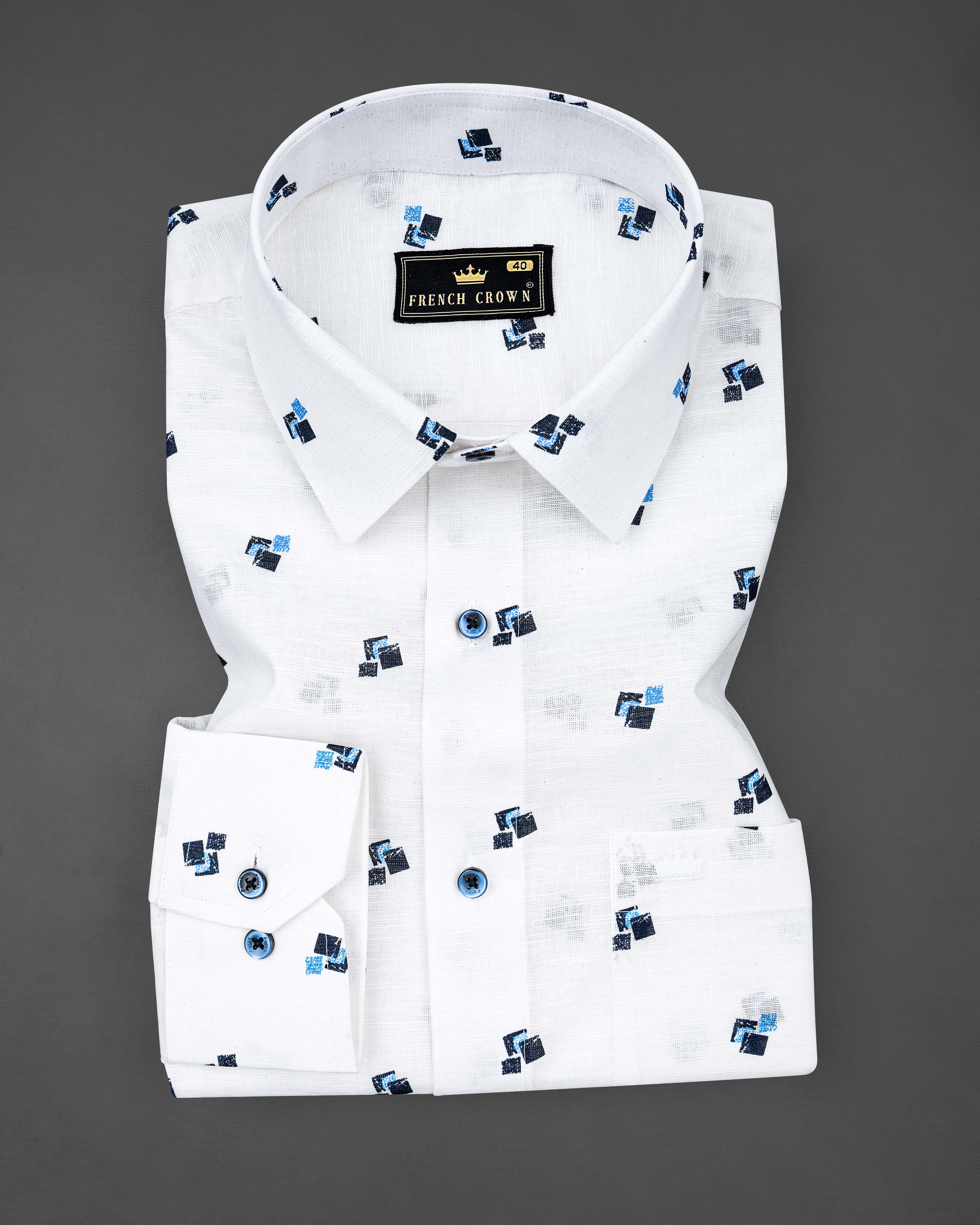 Bright White with Madison Blue Box Printed Luxurious Linen Shirt 8259-BLE-38, 8259-BLE-H-38, 8259-BLE-39, 8259-BLE-H-39, 8259-BLE-40, 8259-BLE-H-40, 8259-BLE-42, 8259-BLE-H-42, 8259-BLE-44, 8259-BLE-H-44, 8259-BLE-46, 8259-BLE-H-46, 8259-BLE-48, 8259-BLE-H-48, 8259-BLE-50, 8259-BLE-H-50, 8259-BLE-52, 8259-BLE-H-52