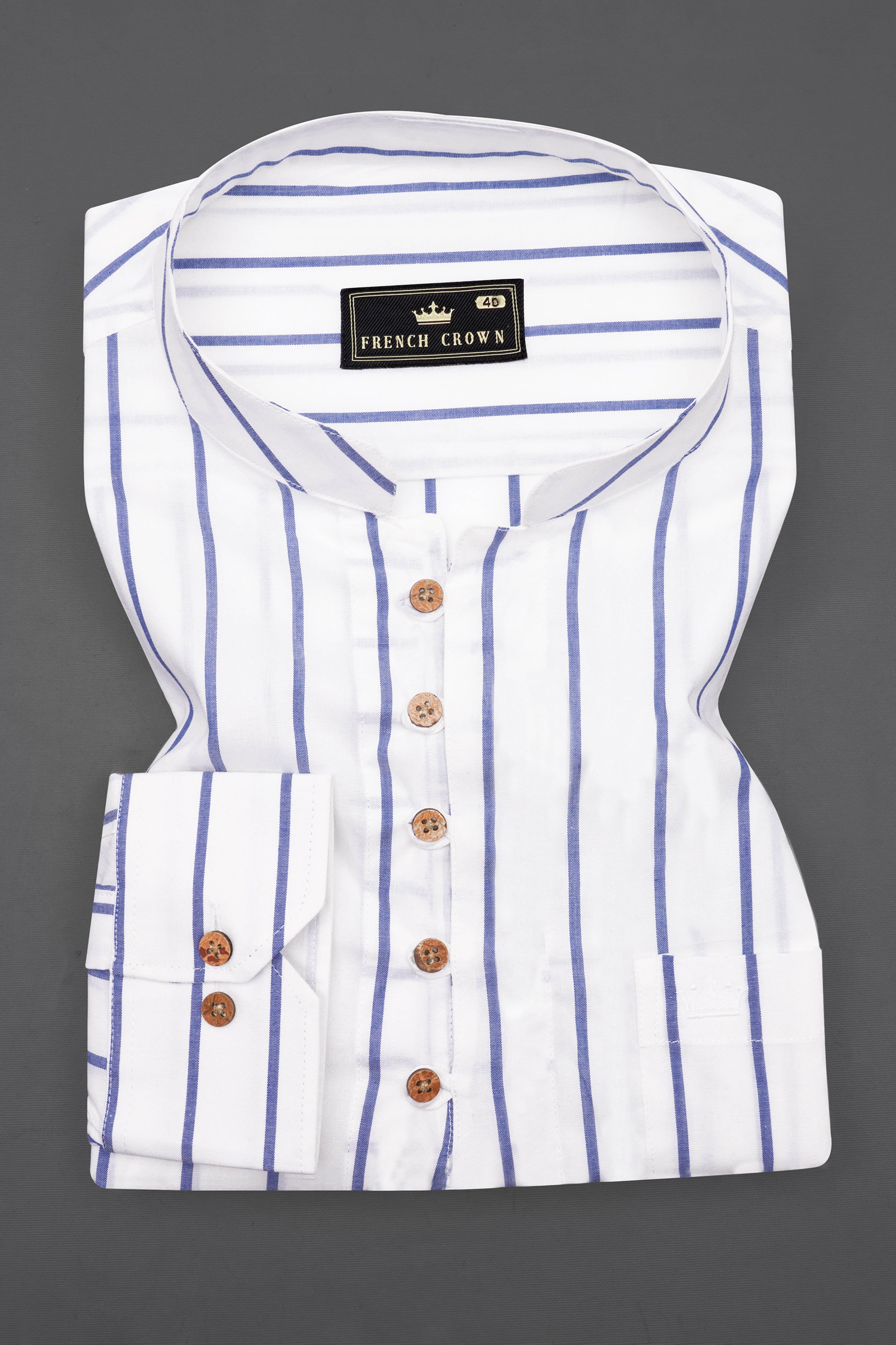 Bright White and Waikawa Blue Striped with Funky Printed Premium Cotton Designer Kurta Shirt