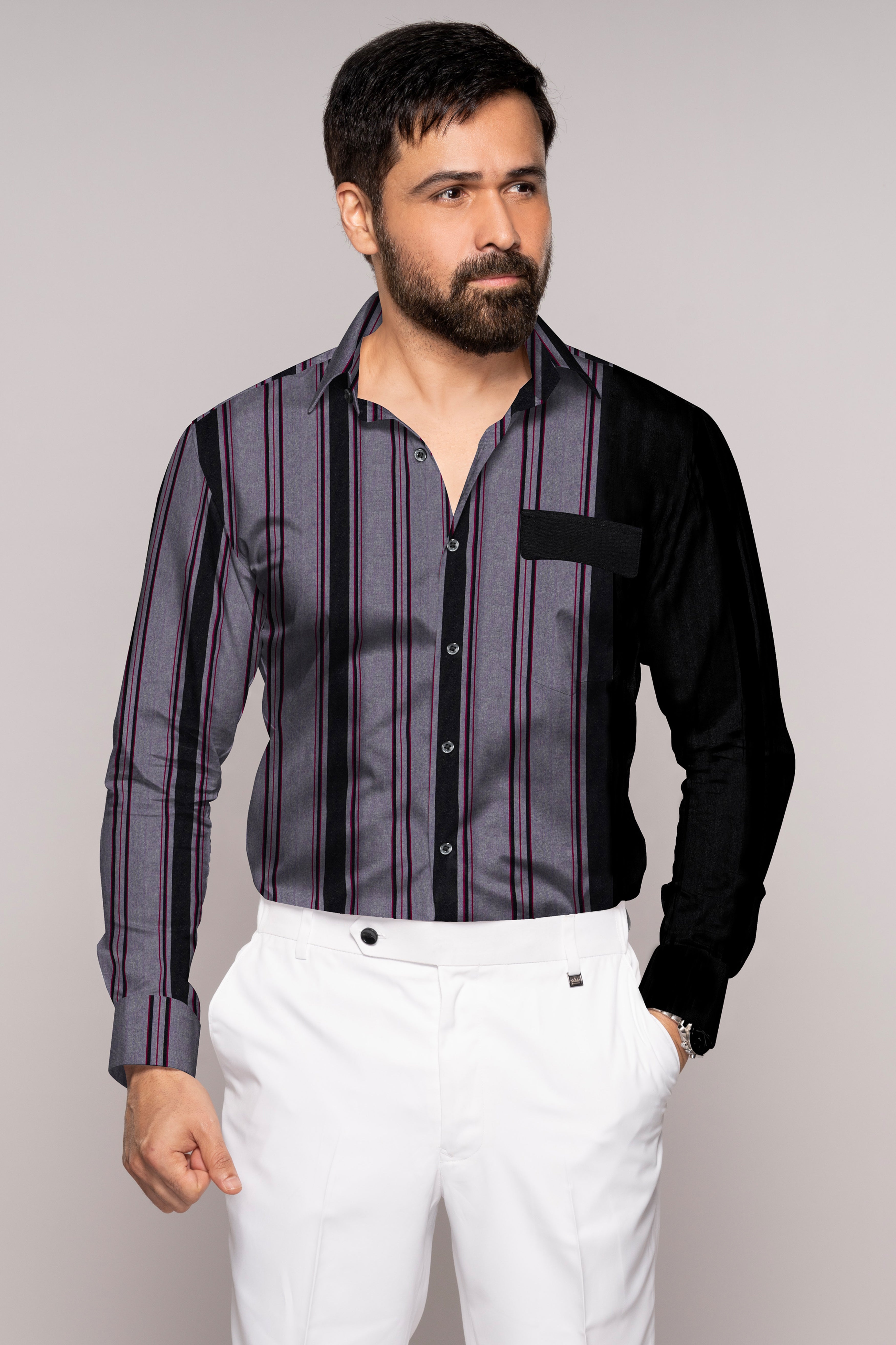 Mobster Gray and Black Striped Royal Oxford Designer Shirt