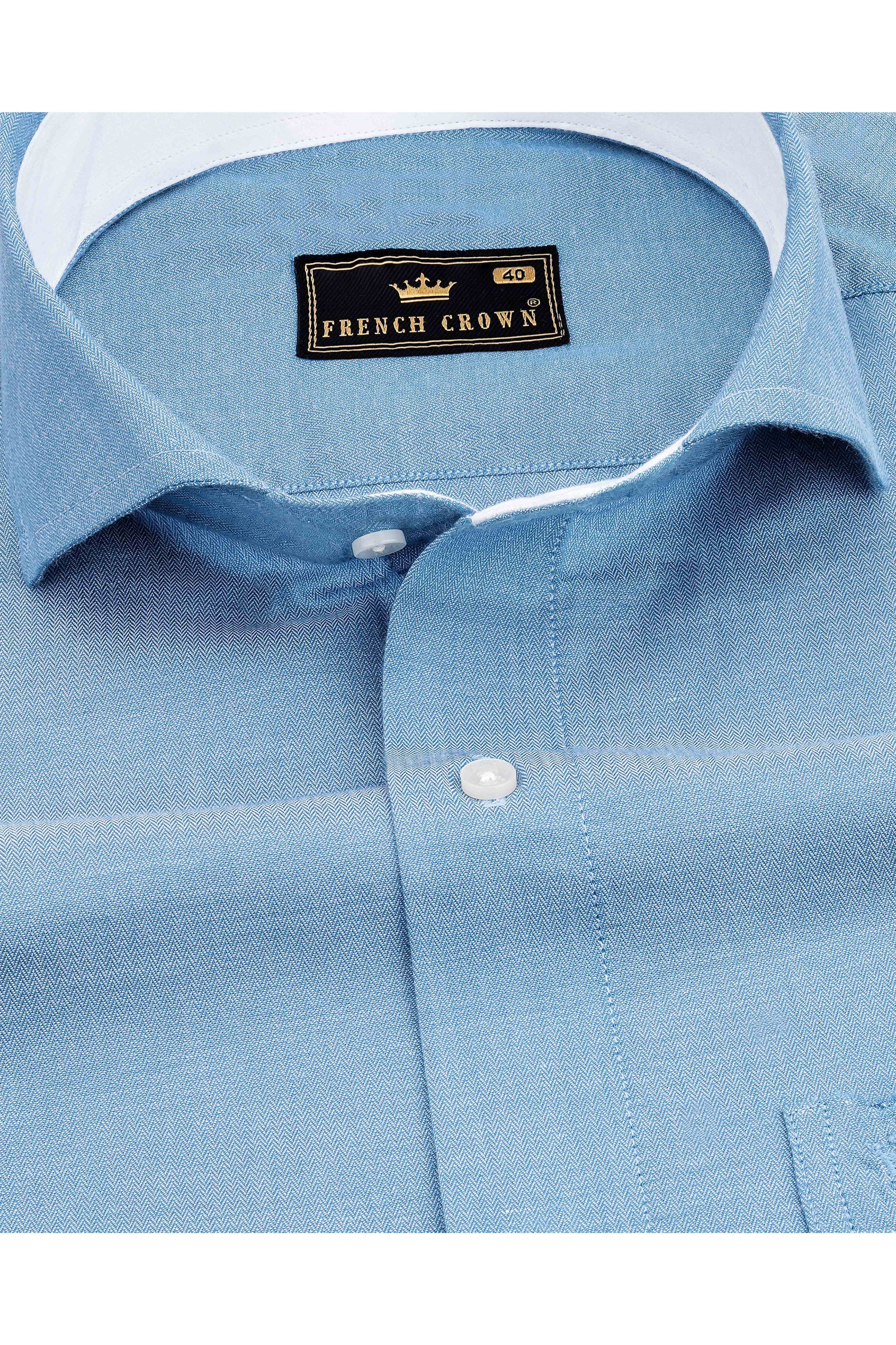 Carolina Blue Hand Painted Herringbone Designer Shirt