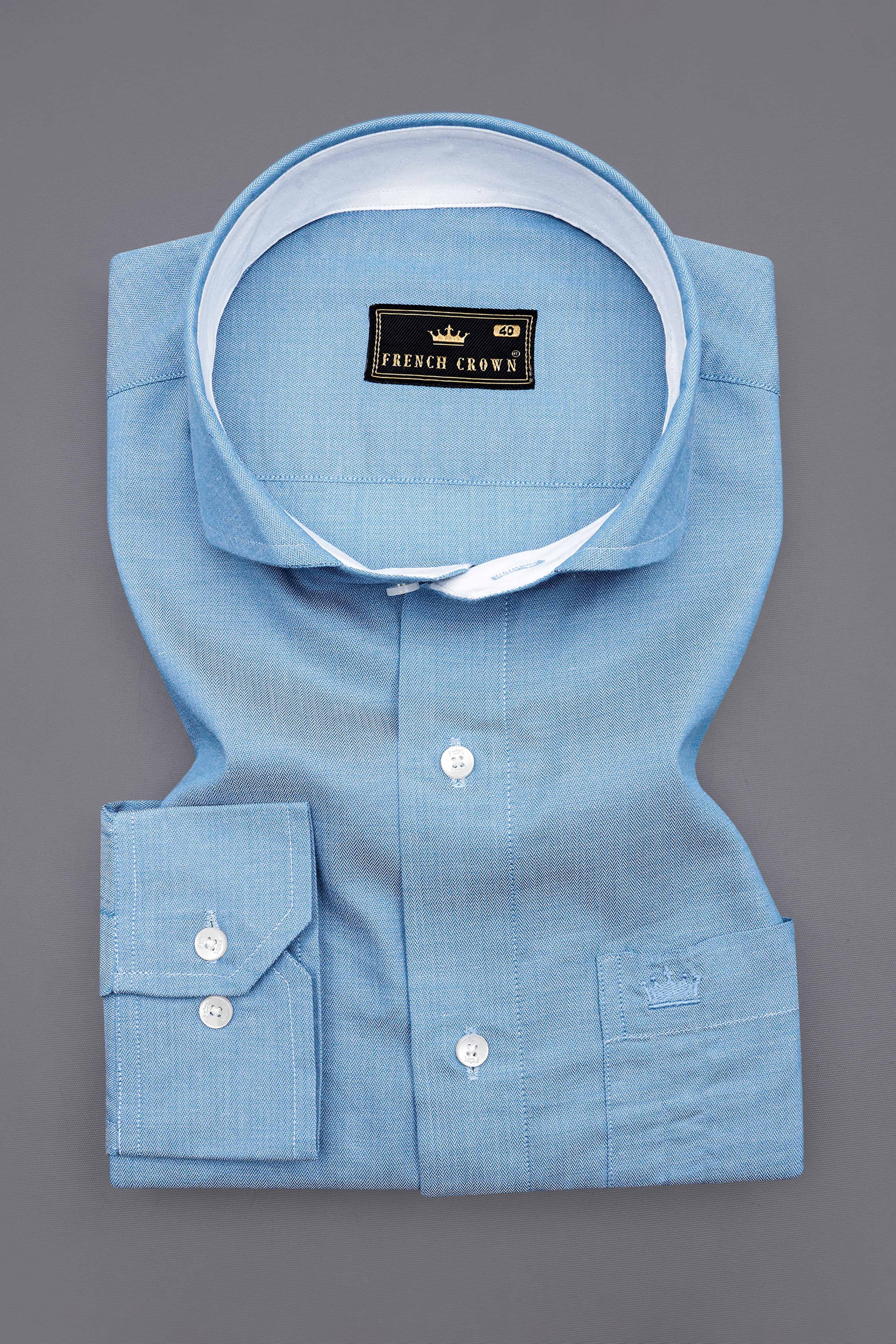 Carolina Blue Hand Painted Herringbone Designer Shirt