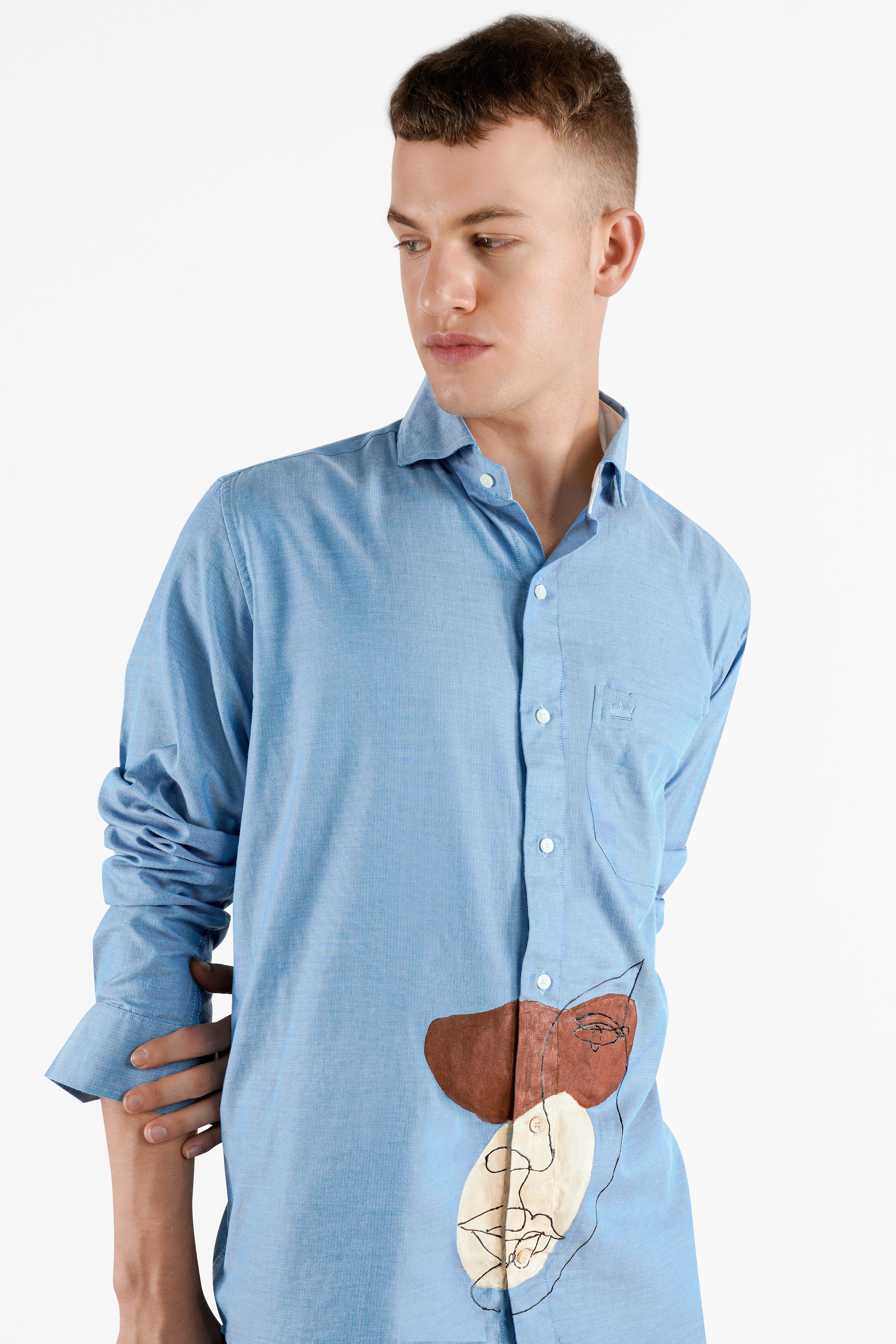 Carolina Blue Hand Painted Herringbone Designer Shirt