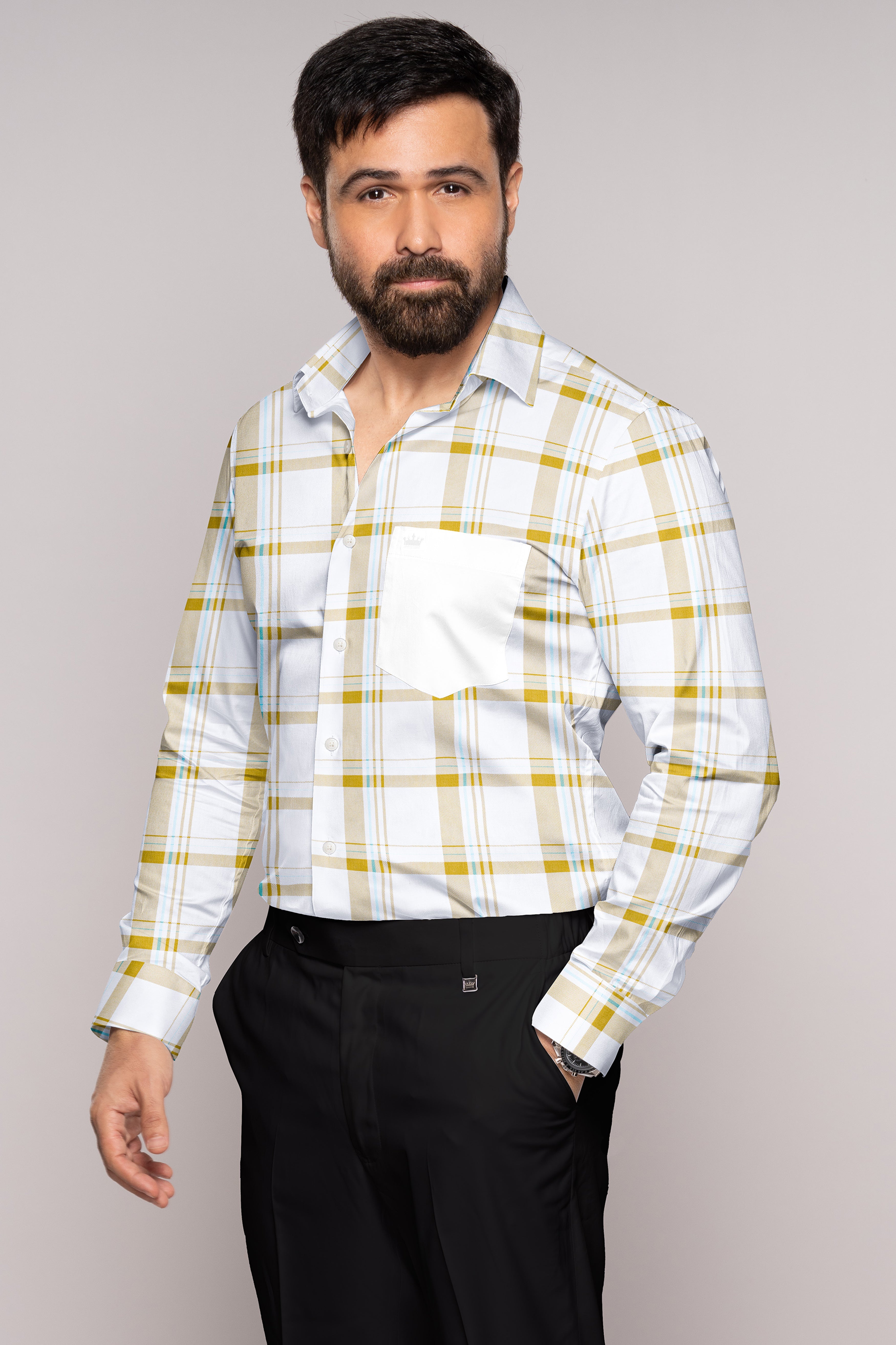 Bright White with Alpine Brown Plaid Premium Cotton Designer Shirt