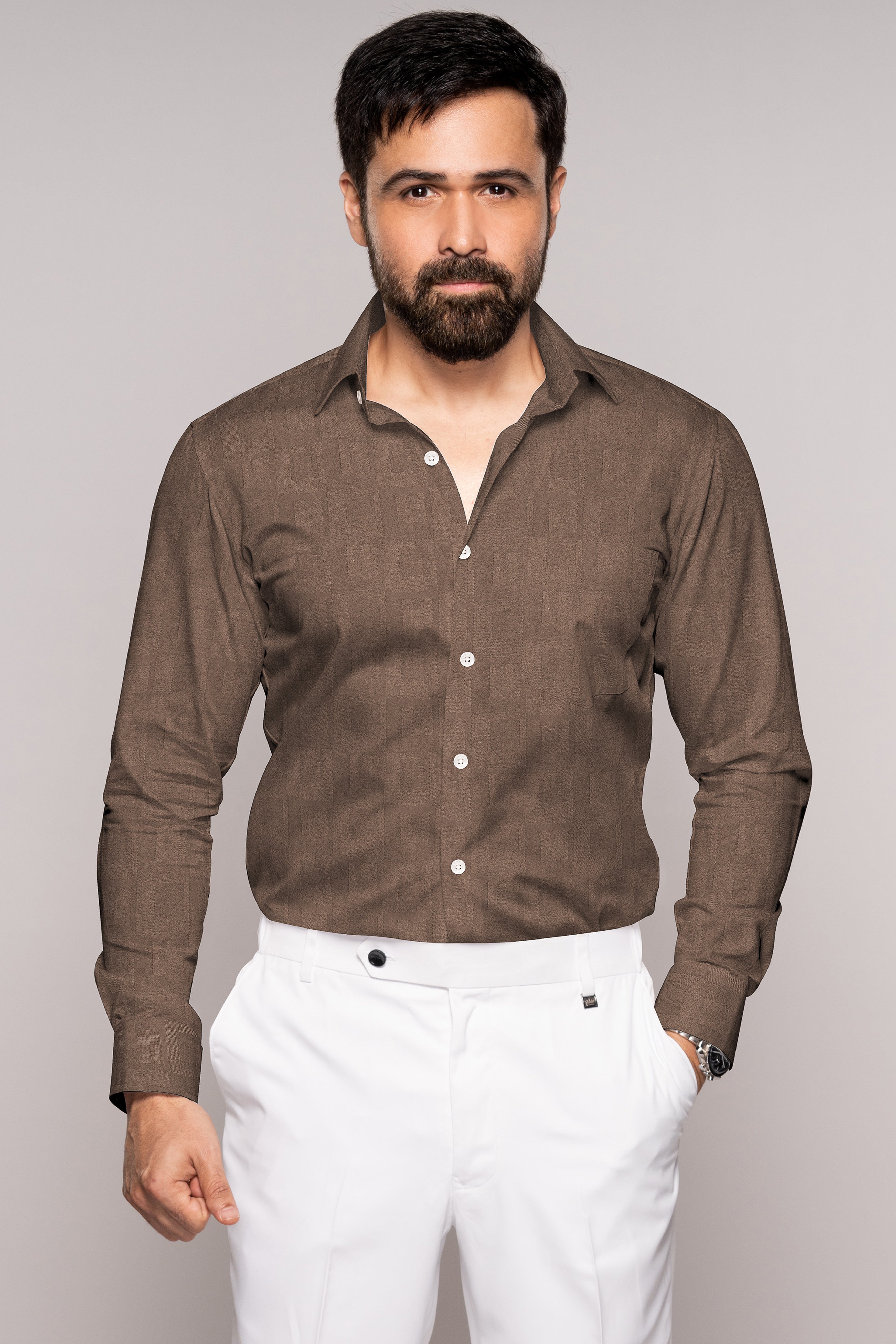 Taupe Brown Dobby Textured Premium Giza Cotton Shirt