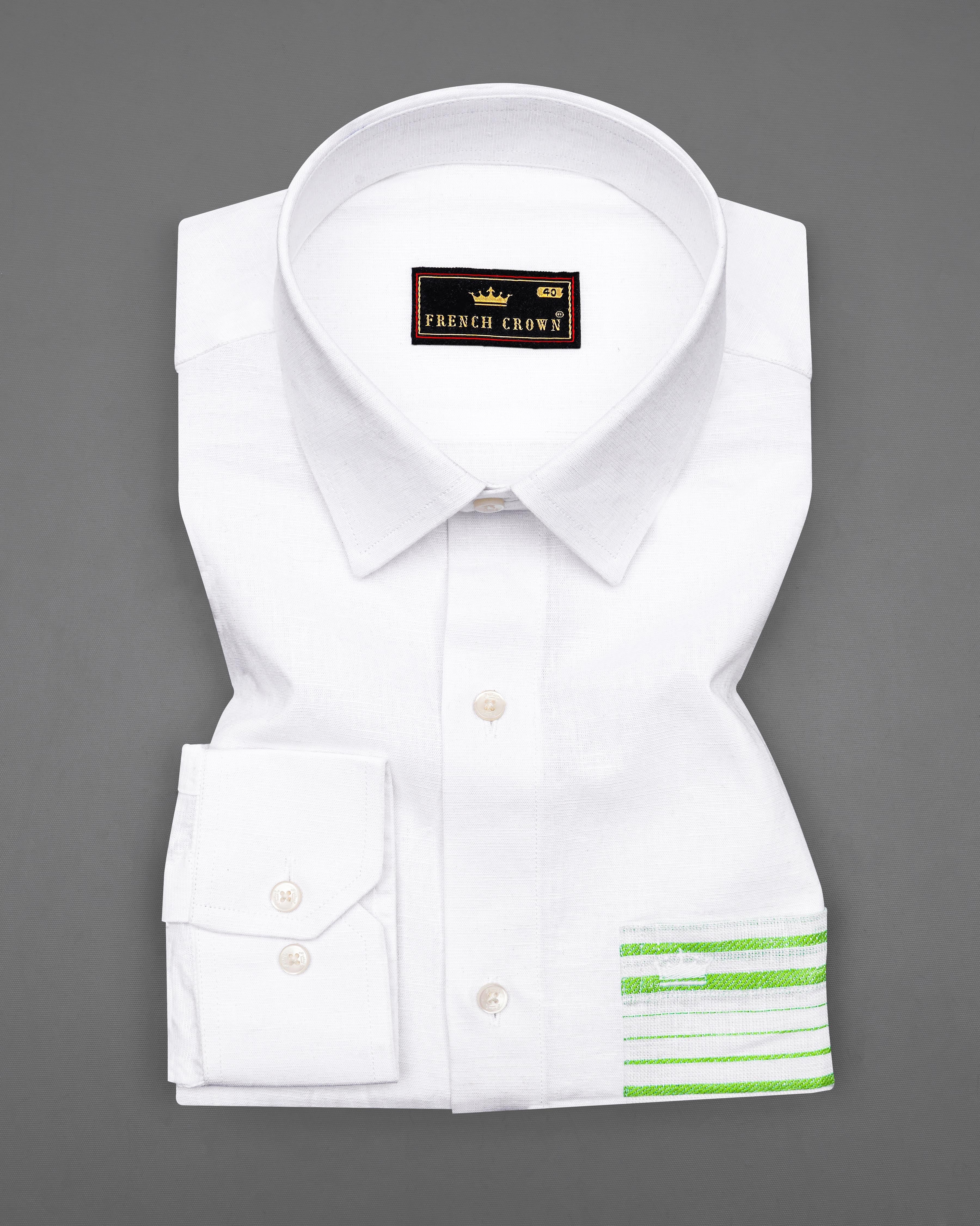 Bright White with Green Patch Pocket Luxurious Linen Designer Shirt 8422-38, 8422-H-38, 8422-39,8422-H-39, 8422-40, 8422-H-40, 8422-42, 8422-H-42, 8422-44, 8422-H-44, 8422-46, 8422-H-46, 8422-48, 8422-H-48, 8422-50, 8422-H-50, 8422-52, 8422-H-52