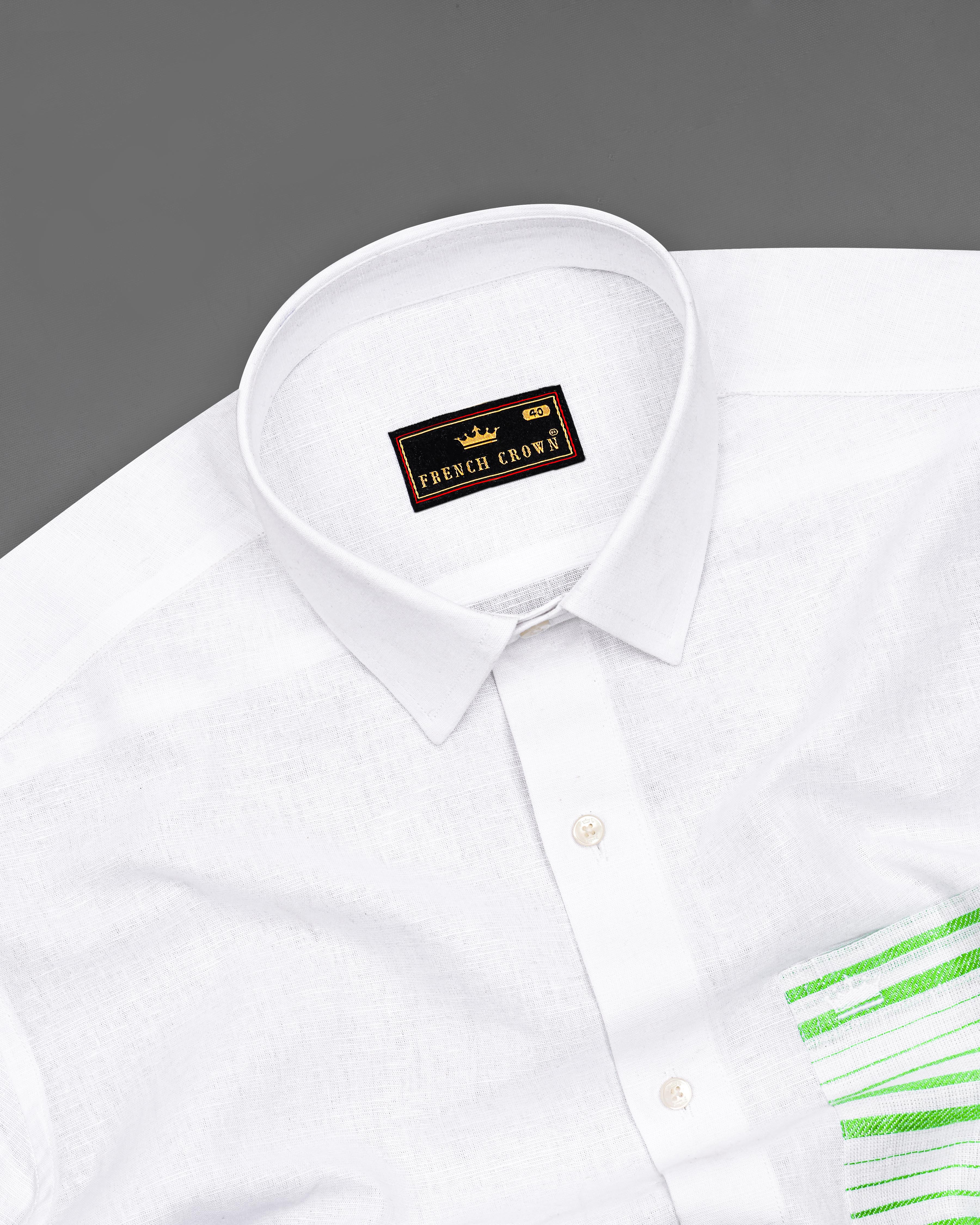 Bright White with Green Patch Pocket Luxurious Linen Designer Shirt 8422-38, 8422-H-38, 8422-39,8422-H-39, 8422-40, 8422-H-40, 8422-42, 8422-H-42, 8422-44, 8422-H-44, 8422-46, 8422-H-46, 8422-48, 8422-H-48, 8422-50, 8422-H-50, 8422-52, 8422-H-52