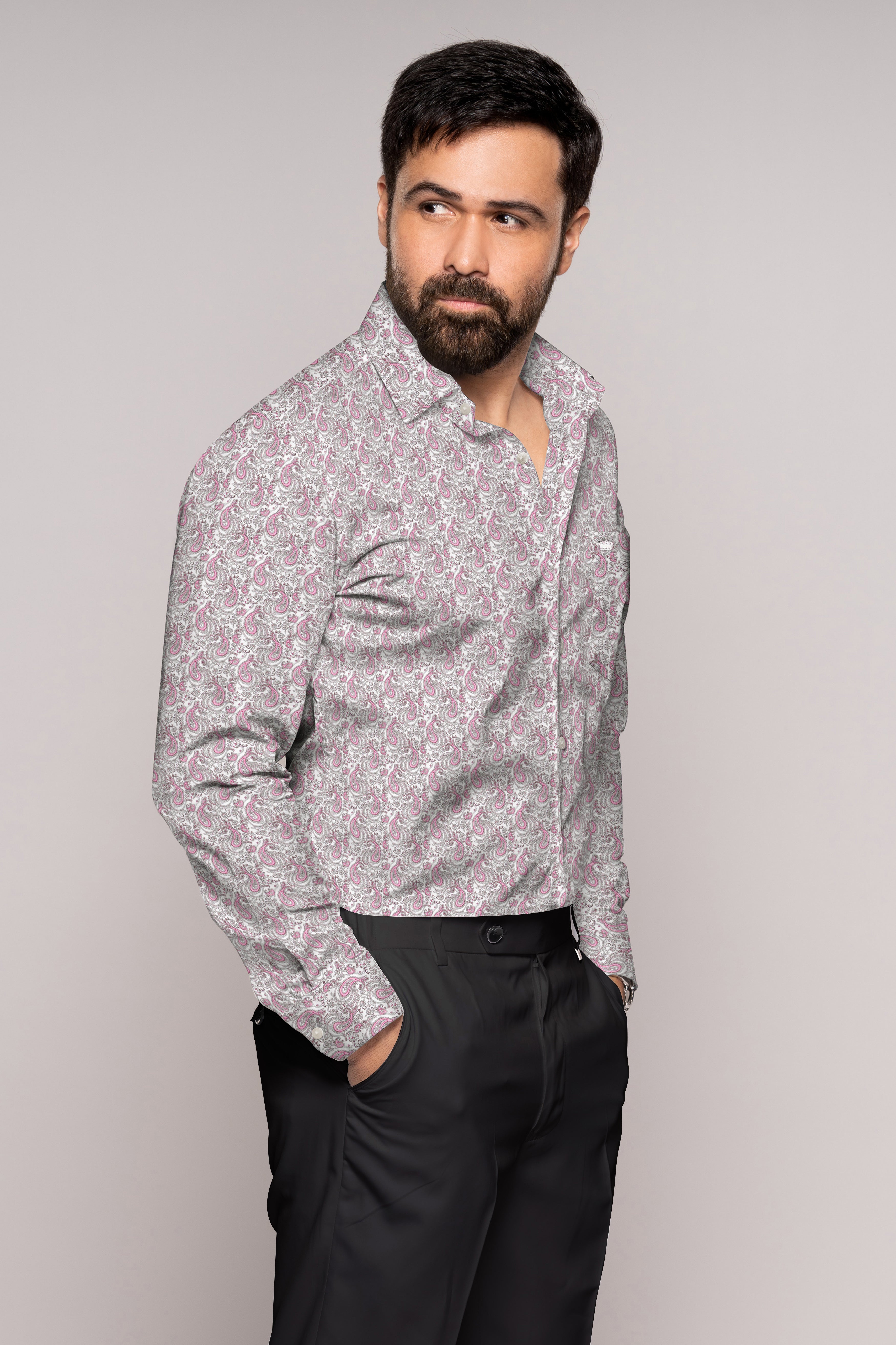 Bright White with Viola Pink Paisley Printed Super Soft Premium Cotton Shirt