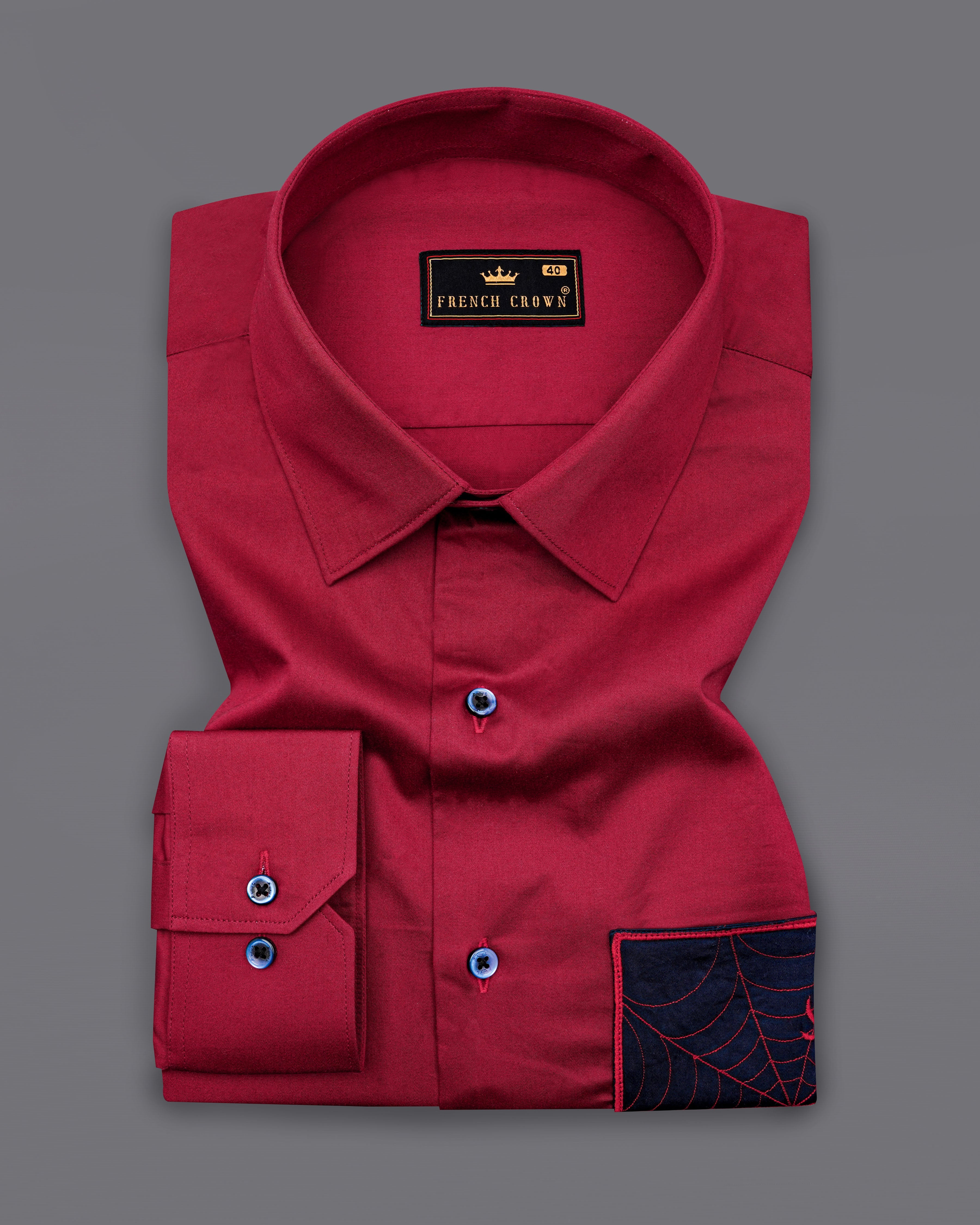 Claret Red with Mirage Blue Patch Subtle Sheen Pocket Spider Embroidered  Super Soft Premium Cotton Shirt 8440-E007-38, 8440-E007-H-38, 8440-E007-39, 8440-E007-H-39, 8440-E007-40, 8440-E007-H-40, 8440-E007-42, 8440-E007-H-42, 8440-E007-44, 8440-E007-H-44, 8440-E007-46, 8440-E007-H-46, 8440-E007-48, 8440-E007-H-48, 8440-E007-50, 8440-E007-H-50, 8440-E007-52, 8440-E007-H-52