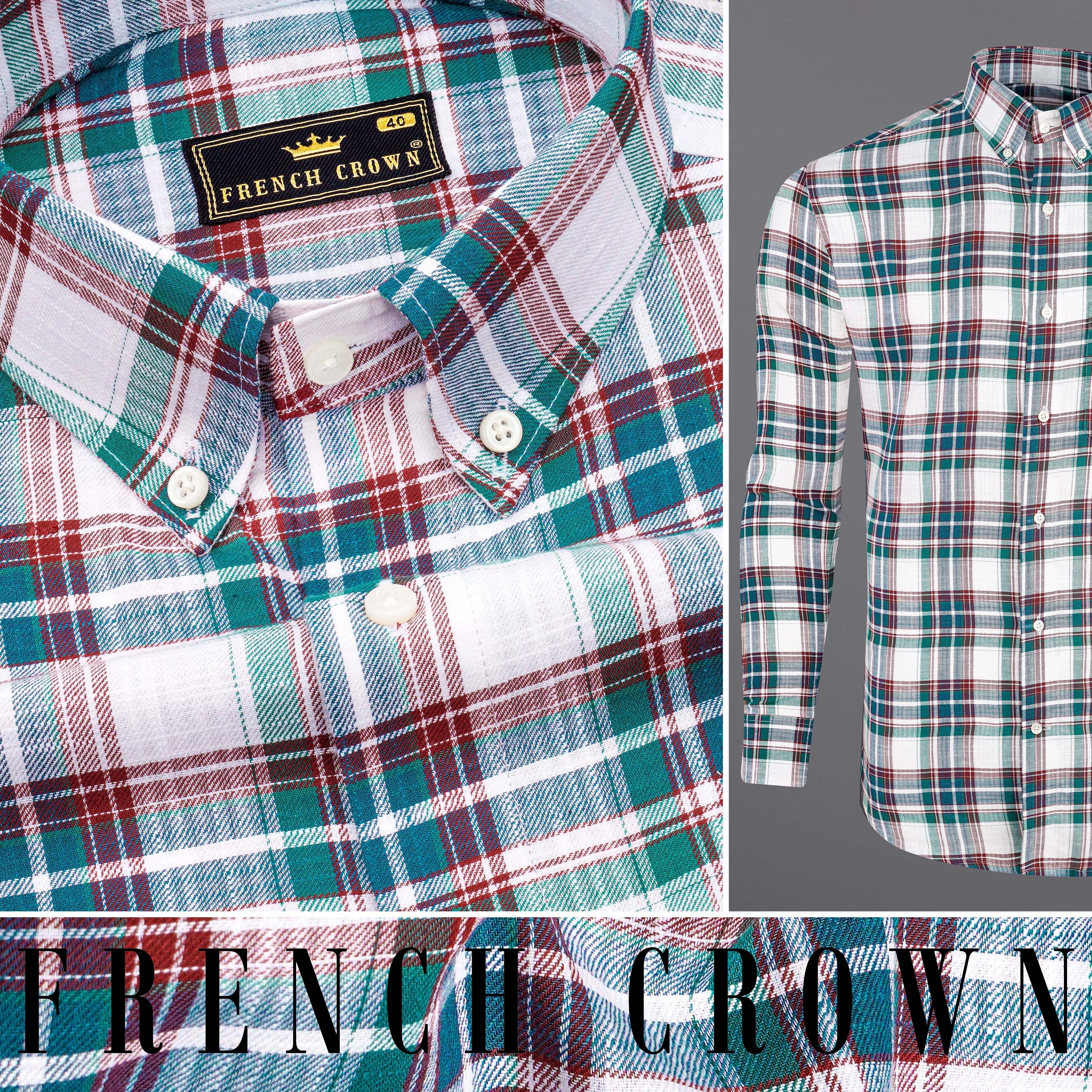 Bright White with Genoa Green Twill Plaid Premium Cotton Shirt