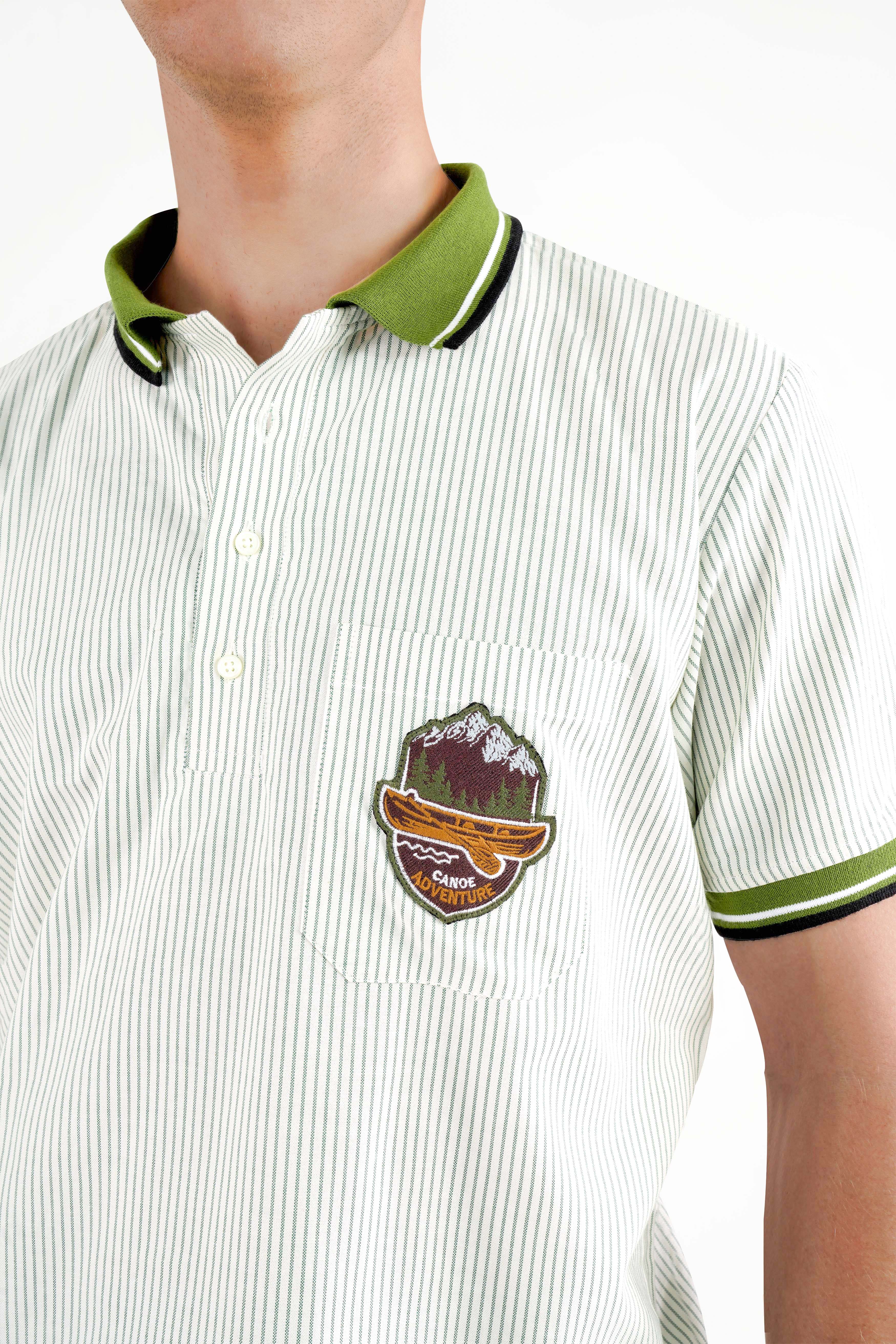 Bright White with Lunar Green Striped Royal Oxford Designer Polo with Embroidered Work on Pocket