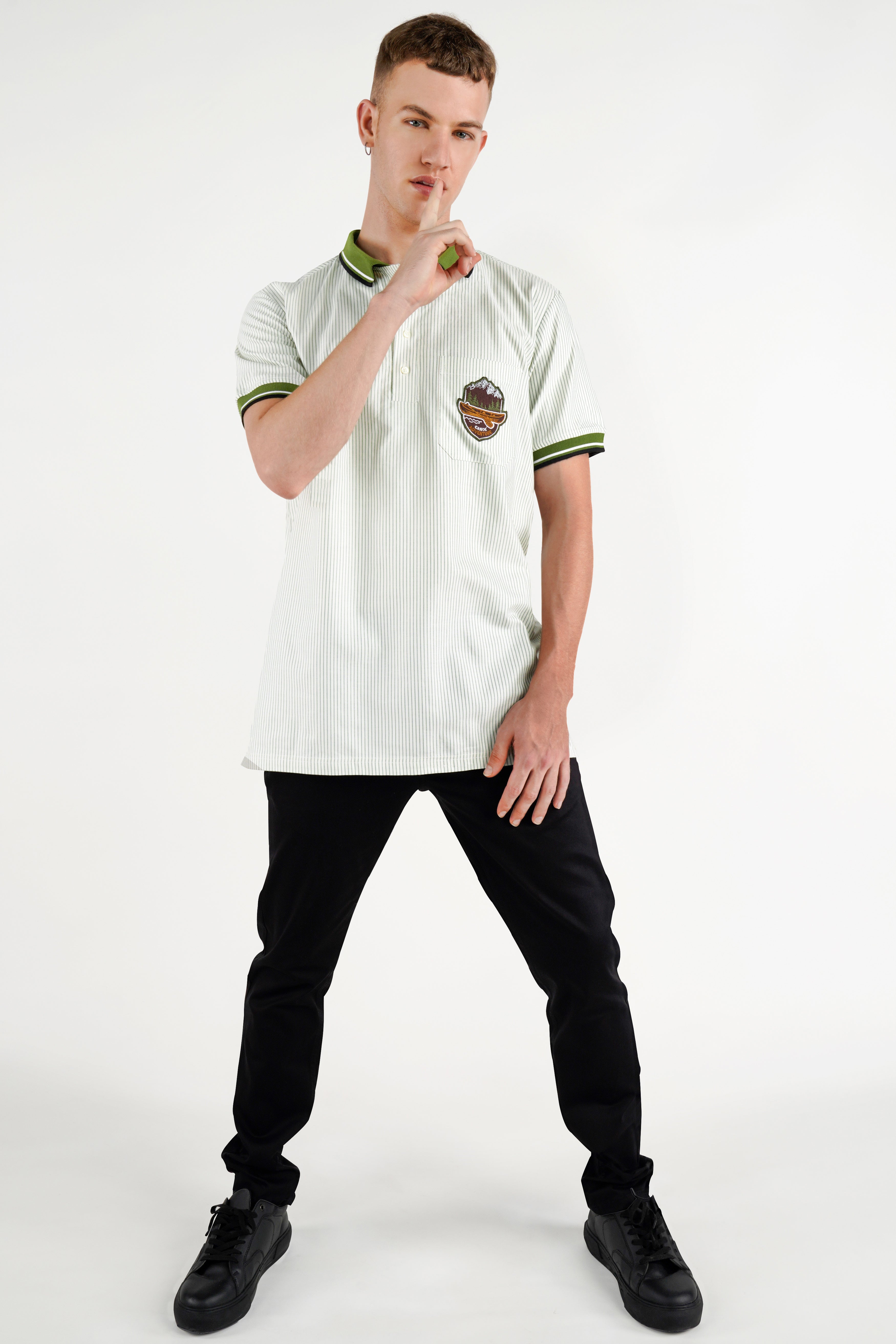 Bright White with Lunar Green Striped Royal Oxford Designer Polo with Embroidered Work on Pocket