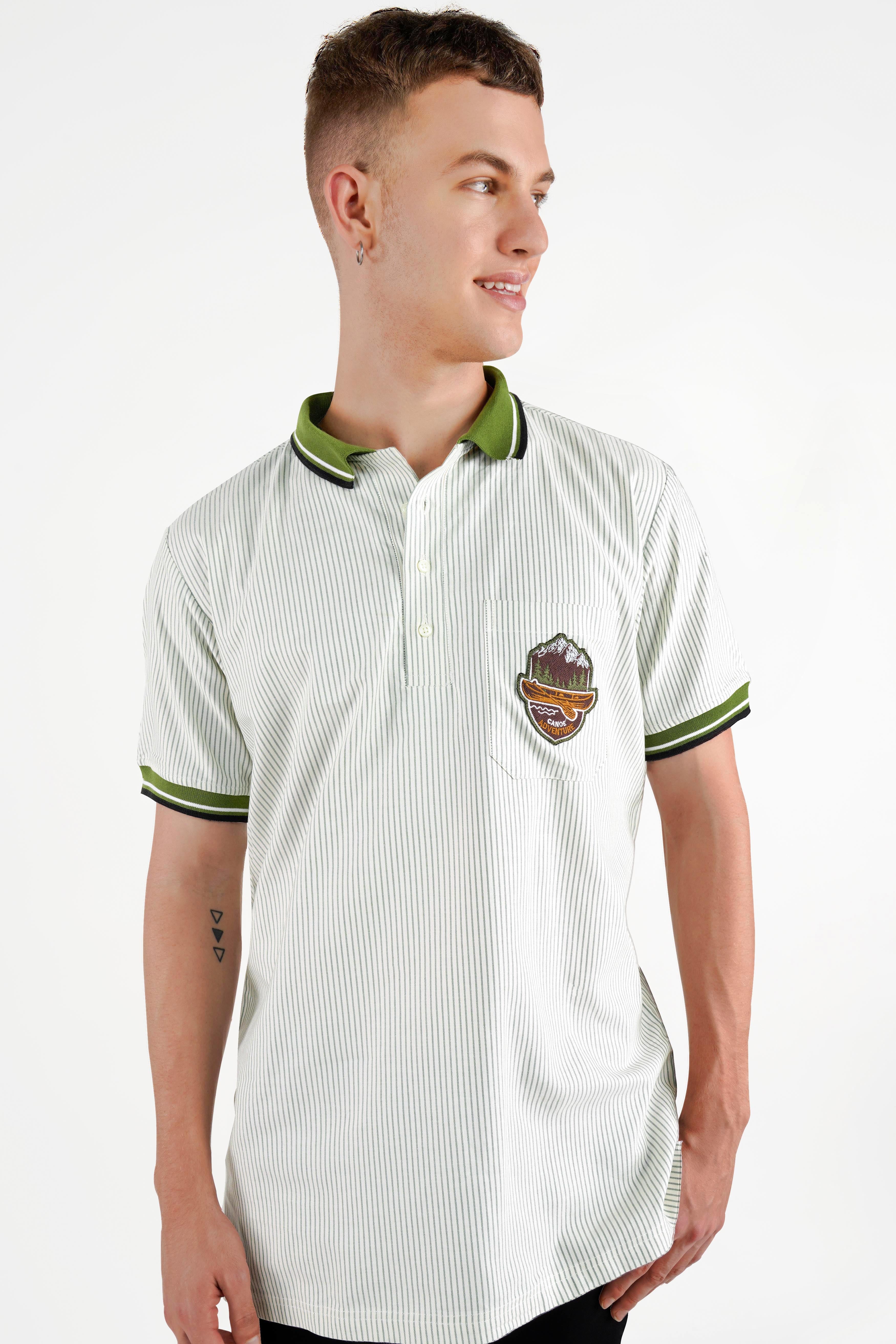 Bright White with Lunar Green Striped Royal Oxford Designer Polo with Embroidered Work on Pocket