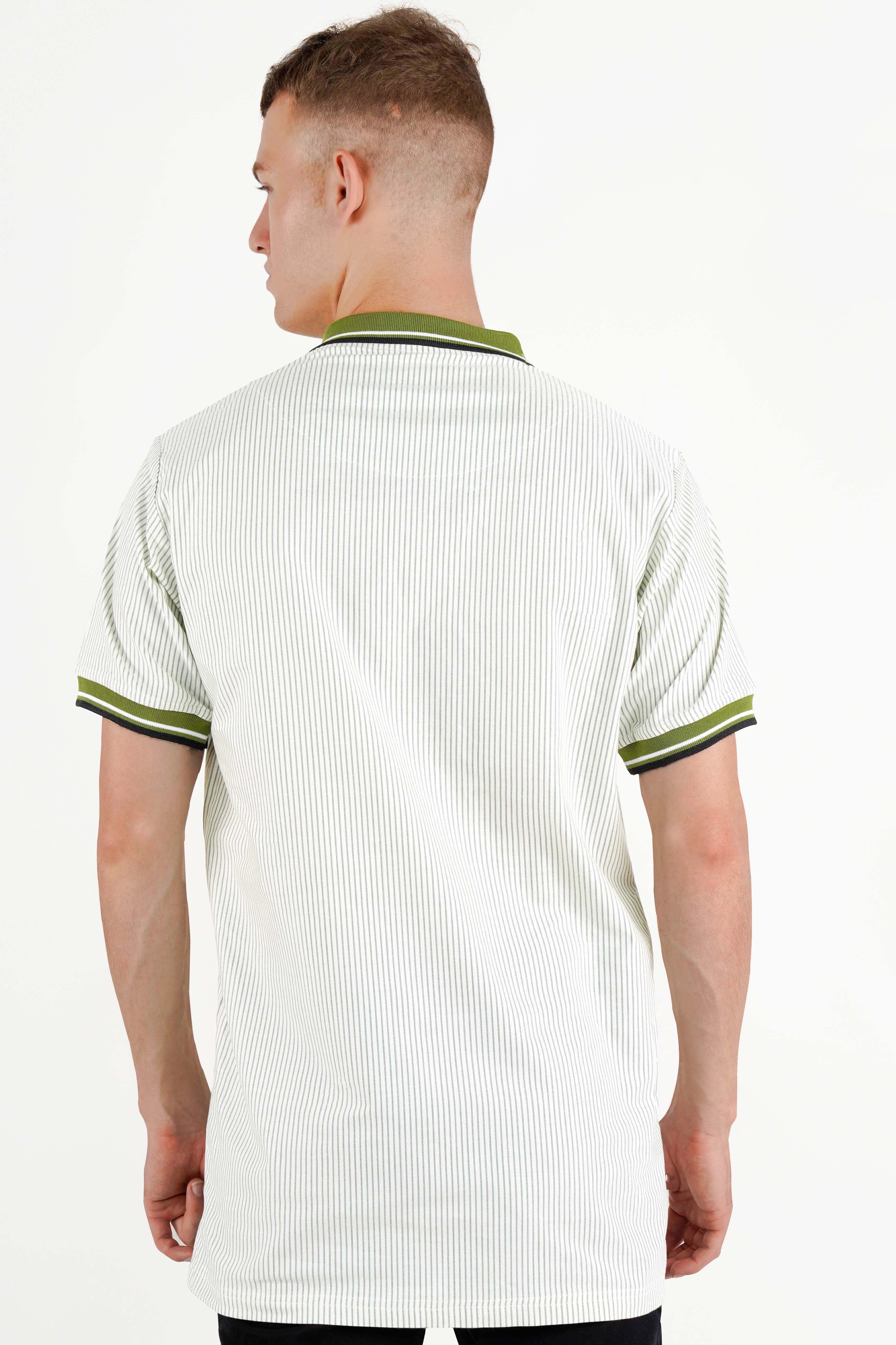 Bright White with Lunar Green Striped Royal Oxford Designer Polo with Embroidered Work on Pocket