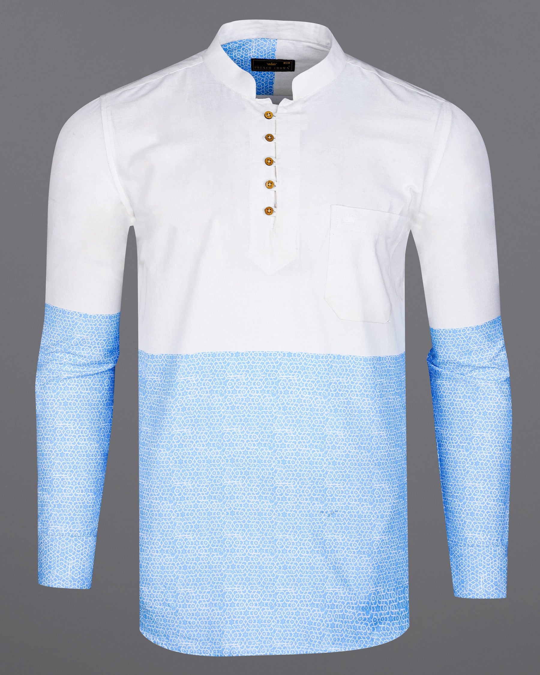 Half White and Half Anakiwa Sky Blue Printed Royal Oxford Designer Kurta Shirt  8550-KS-38,8550-KS-H-38,8550-KS-39,8550-KS-H-39,8550-KS-40,8550-KS-H-40,8550-KS-42,8550-KS-H-42,8550-KS-44,8550-KS-H-44,8550-KS-46,8550-KS-H-46,8550-KS-48,8550-KS-H-48,8550-KS-50,8550-KS-H-50,8550-KS-52,8550-KS-H-52