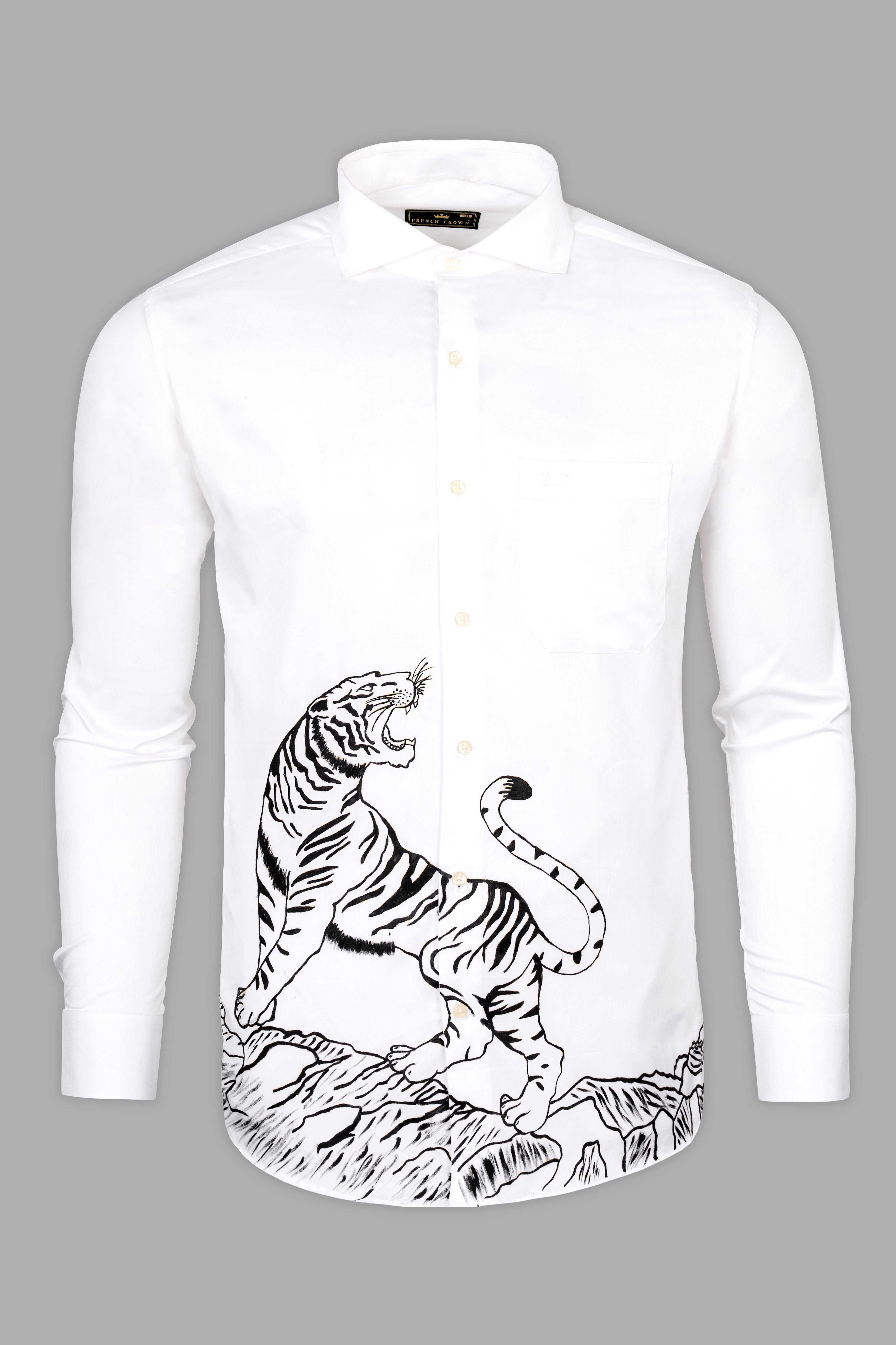 Bright White Tiger Hand Painted Royal Oxford Designer Shirt