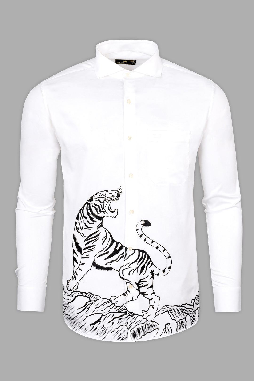 BRIGHT WHITE TIGER HAND PAINTED ROYAL OXFORD DESIGNER SHIRT