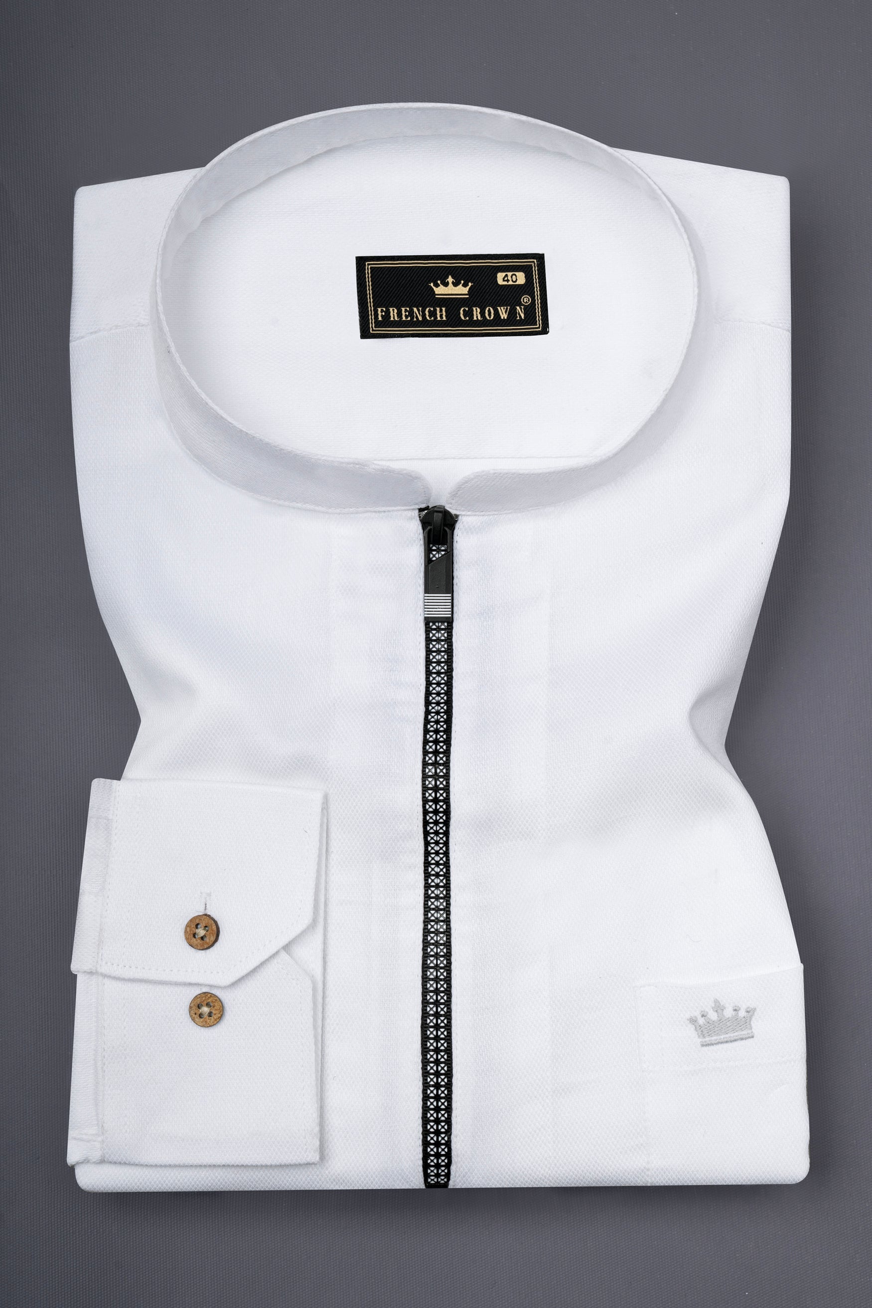 Bright White Dobby Textured Premium Giza Cotton Shirt With Zipper Closure