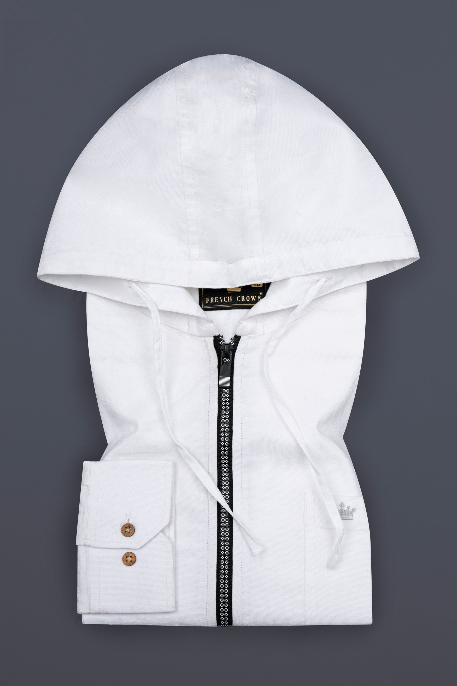 Bright White Dobby Zipper Closure with Hoodie Designer Shirt