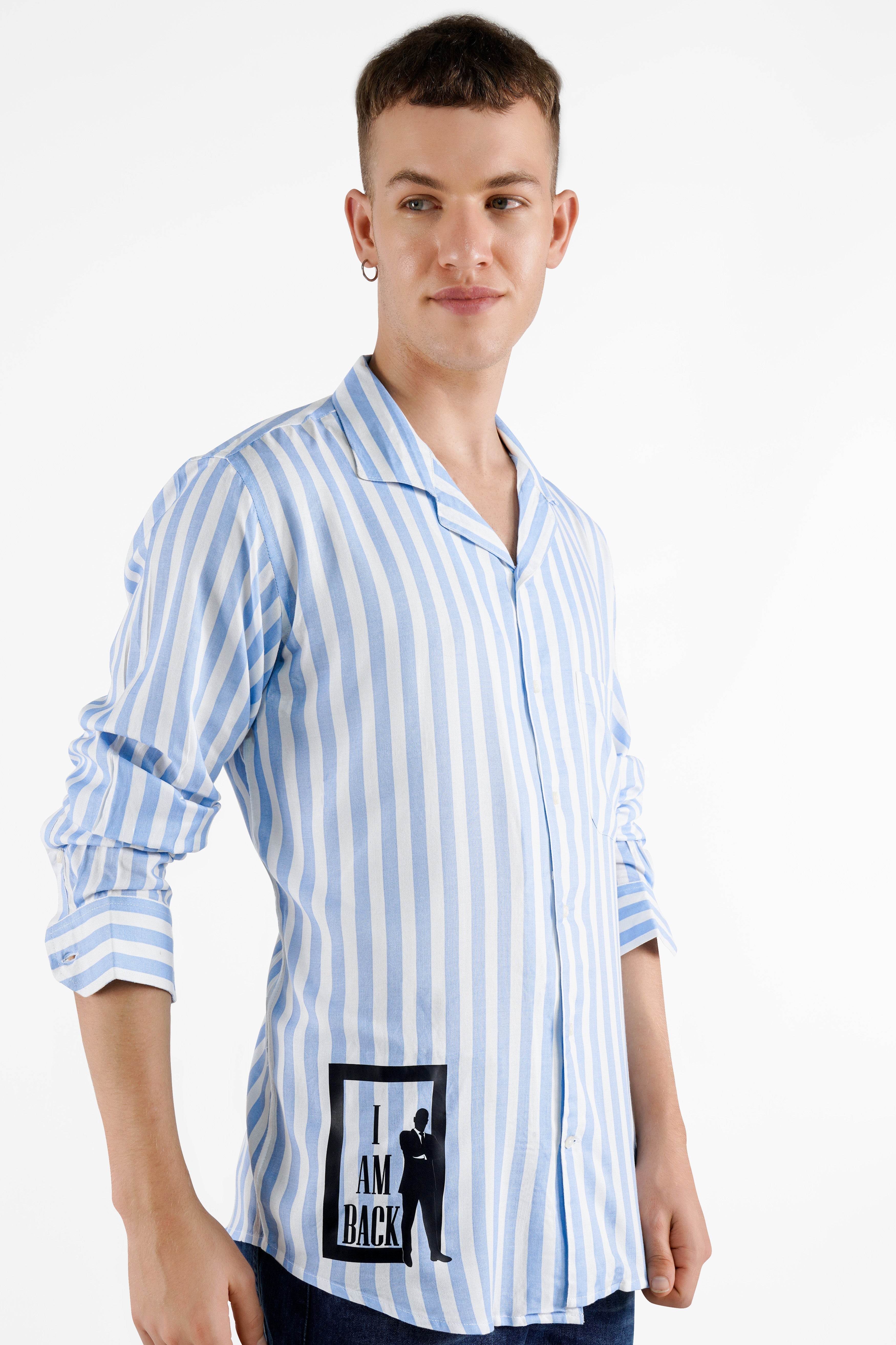 Bright White and Carolina Blue Striped Funky Printed Premium Tencel Designer Shirt