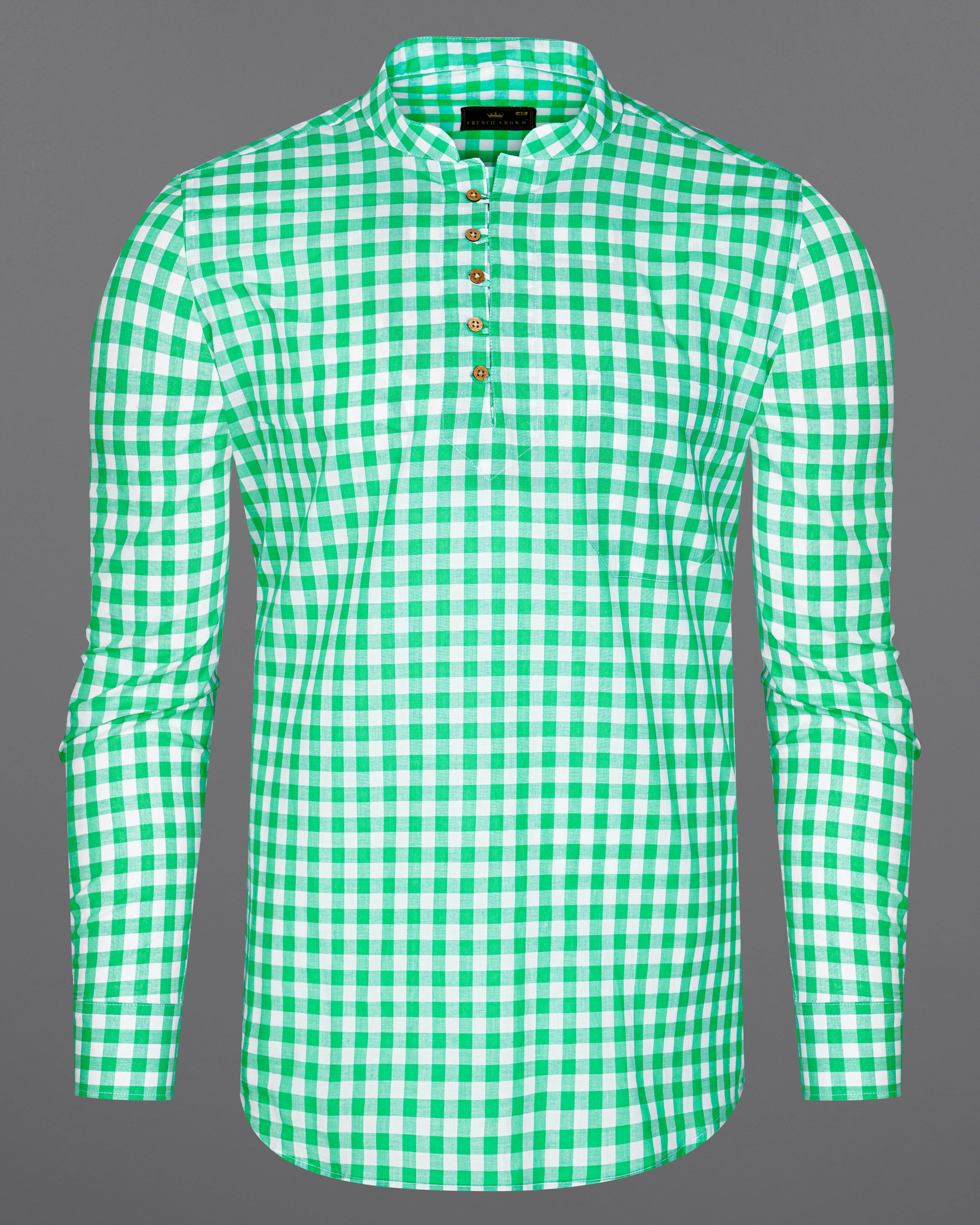 Bright White with Malachite Green Gingham Premium Cotton Kurta Shirt  8608-KS-38,8608-KS-H-38,8608-KS-39,8608-KS-H-39,8608-KS-40,8608-KS-H-40,8608-KS-42,8608-KS-H-42,8608-KS-44,8608-KS-H-44,8608-KS-46,8608-KS-H-46,8608-KS-48,8608-KS-H-48,8608-KS-50,8608-KS-H-50,8608-KS-52,8608-KS-H-52