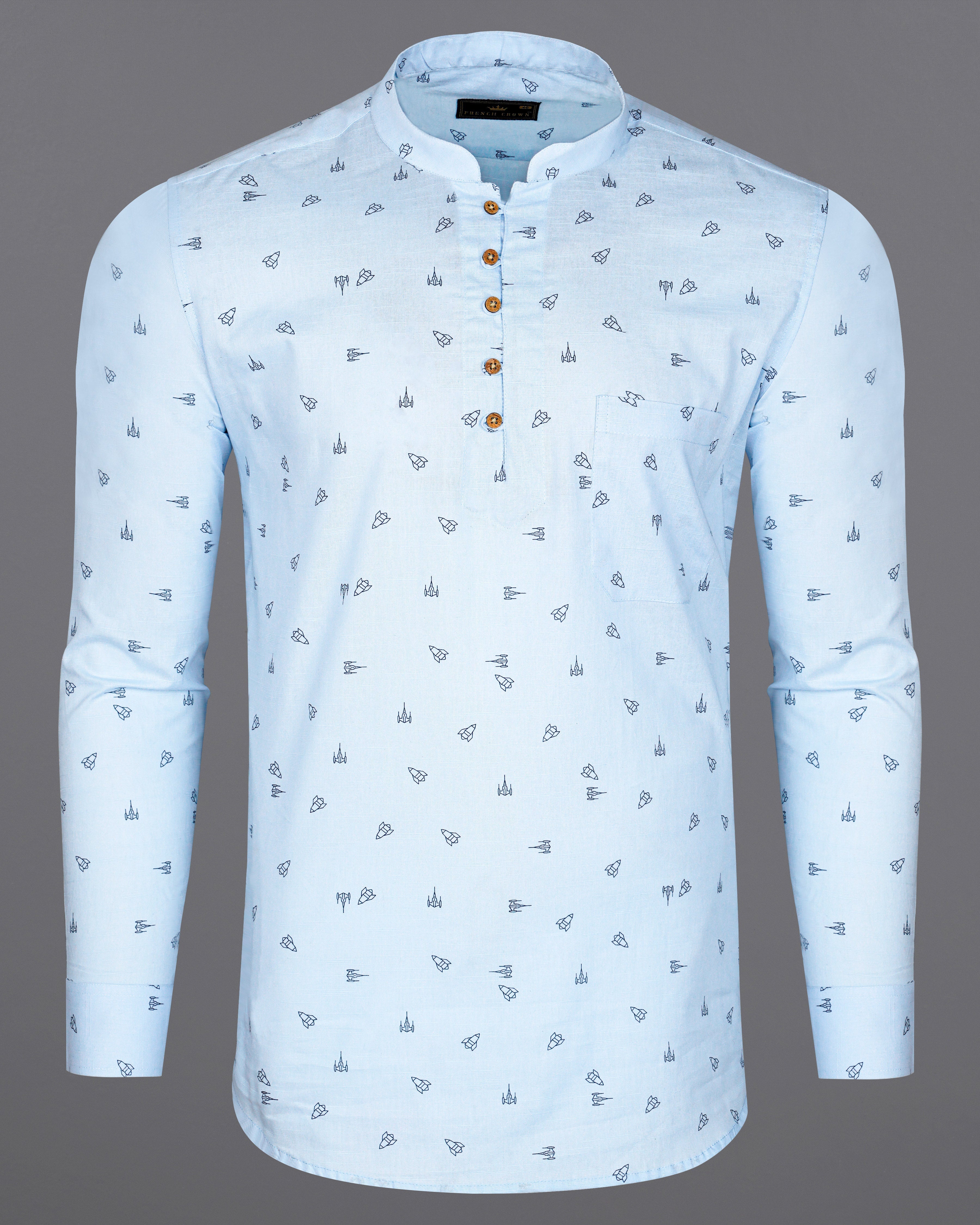 Jagged Ice Blue Rocket Printed Chambray Premium Cotton Kurta Shirt  8619-KS-38,8619-KS-H-38,8619-KS-39,8619-KS-H-39,8619-KS-40,8619-KS-H-40,8619-KS-42,8619-KS-H-42,8619-KS-44,8619-KS-H-44,8619-KS-46,8619-KS-H-46,8619-KS-48,8619-KS-H-48,8619-KS-50,8619-KS-H-50,8619-KS-52,8619-KS-H-52