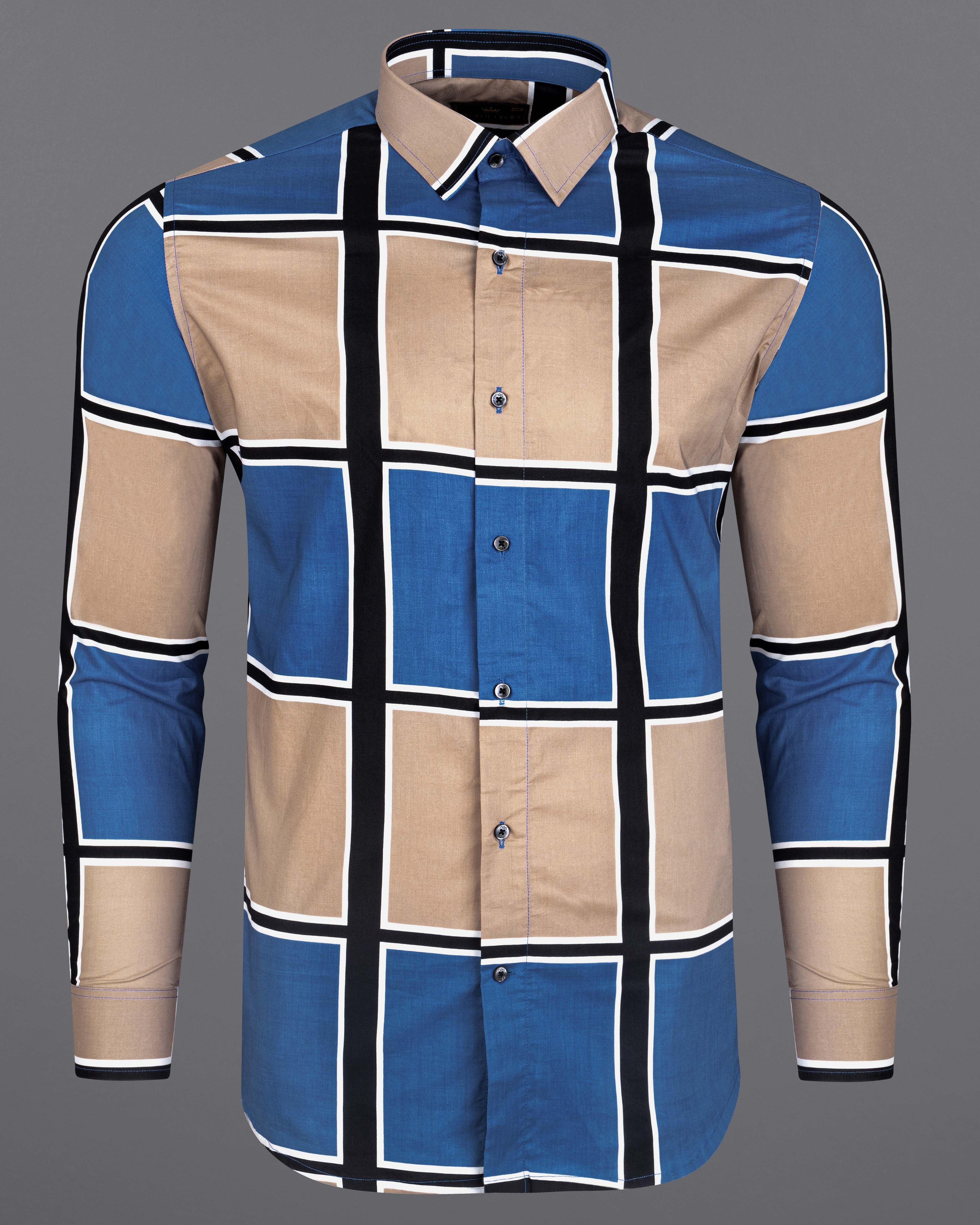 Sandrift Brown with Cobalt Blue and Black Lines Printed Premium Cotton Shirt  8625-BLK-38,8625-BLK-H-38,8625-BLK-39,8625-BLK-H-39,8625-BLK-40,8625-BLK-H-40,8625-BLK-42,8625-BLK-H-42,8625-BLK-44,8625-BLK-H-44,8625-BLK-46,8625-BLK-H-46,8625-BLK-48,8625-BLK-H-48,8625-BLK-50,8625-BLK-H-50,8625-BLK-52,8625-BLK-H-52