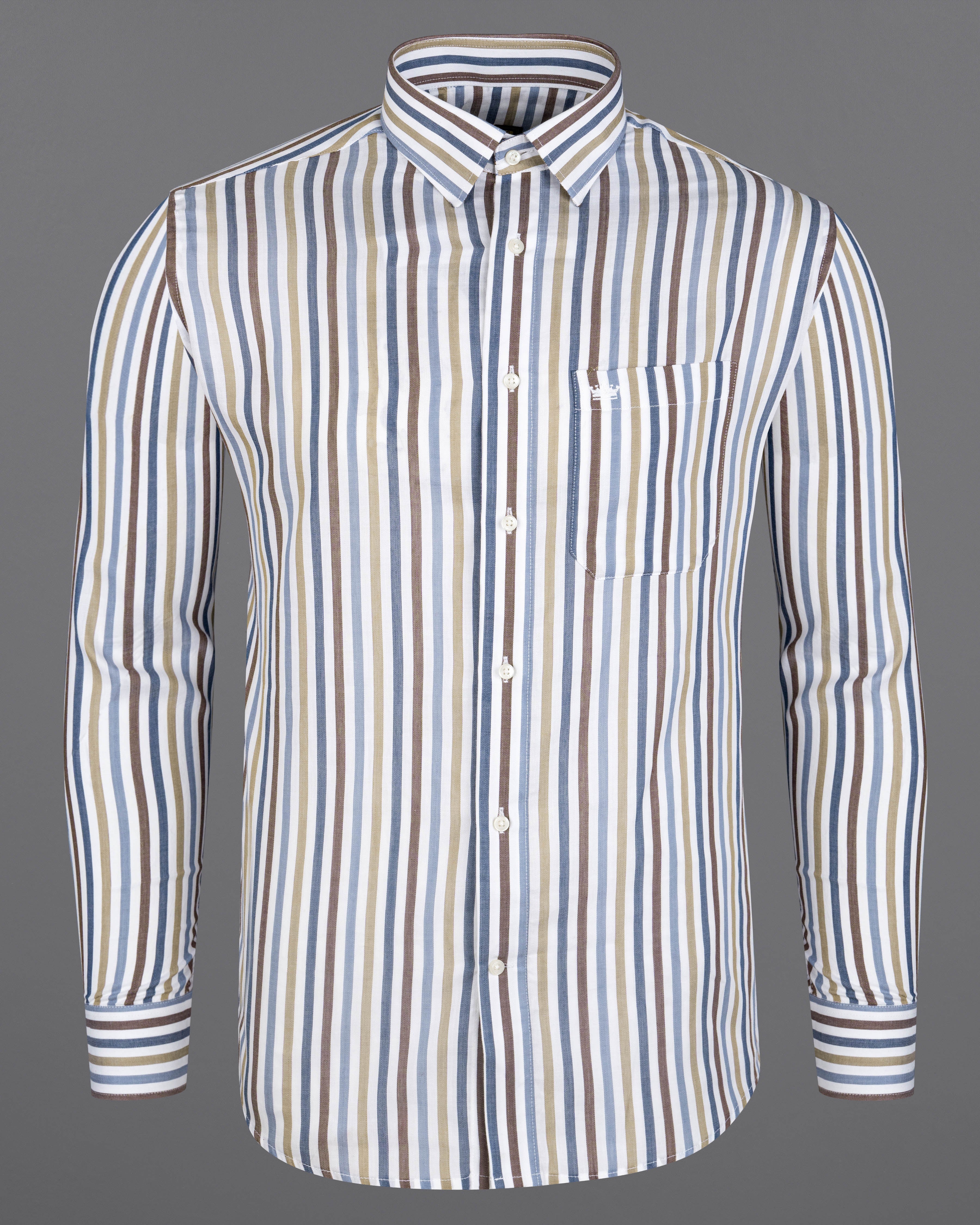 Bright White with Clam Shell Brown Multicolour Striped Premium Cotton Shirt  8633-38,8633-H-38,8633-39,8633-H-39,8633-40,8633-H-40,8633-42,8633-H-42,8633-44,8633-H-44,8633-46,8633-H-46,8633-48,8633-H-48,8633-50,8633-H-50,8633-52,8633-H-52