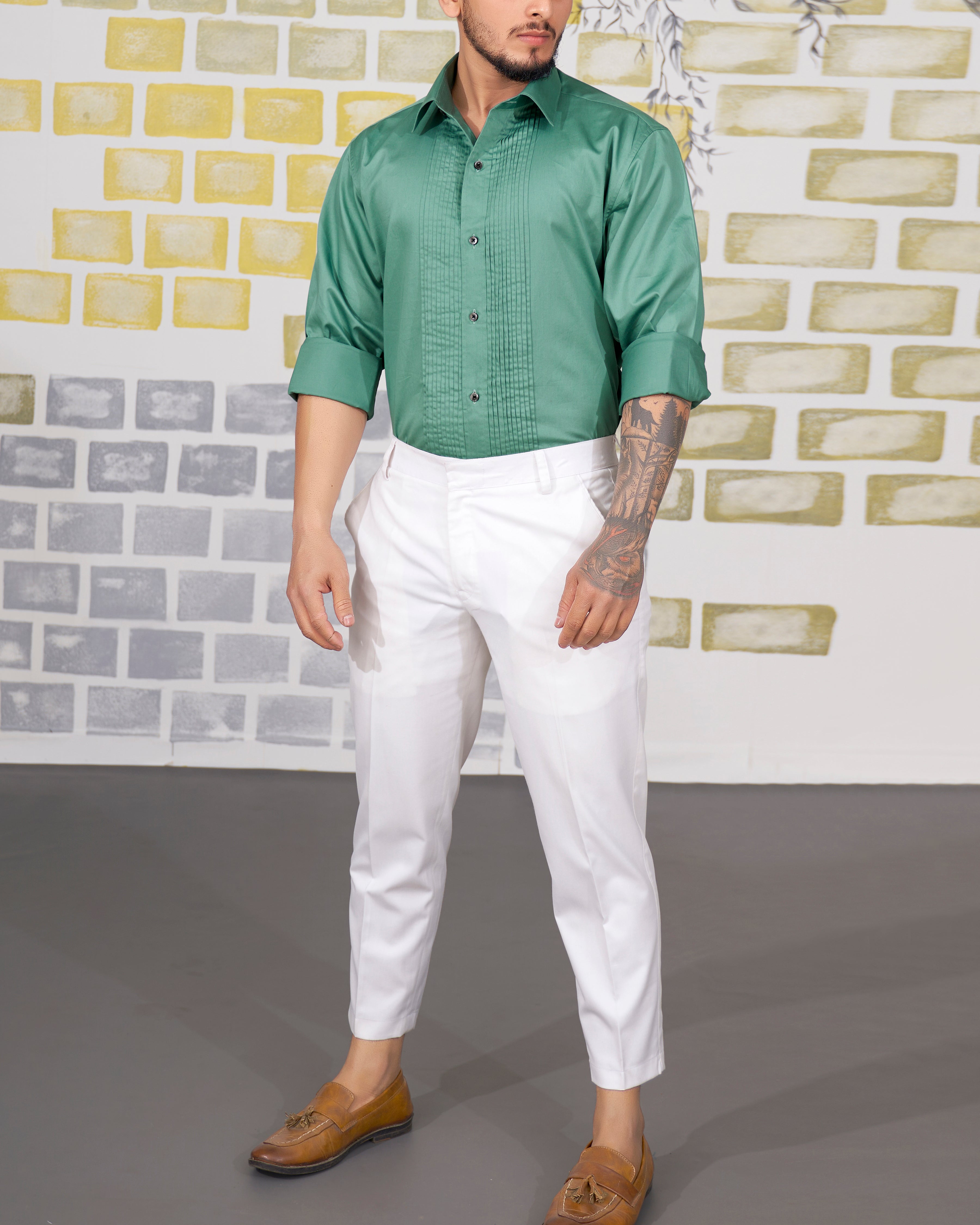 Patina Green Subtle Sheen Snake Pleated Super Soft Premium Cotton Tuxedo Shirt