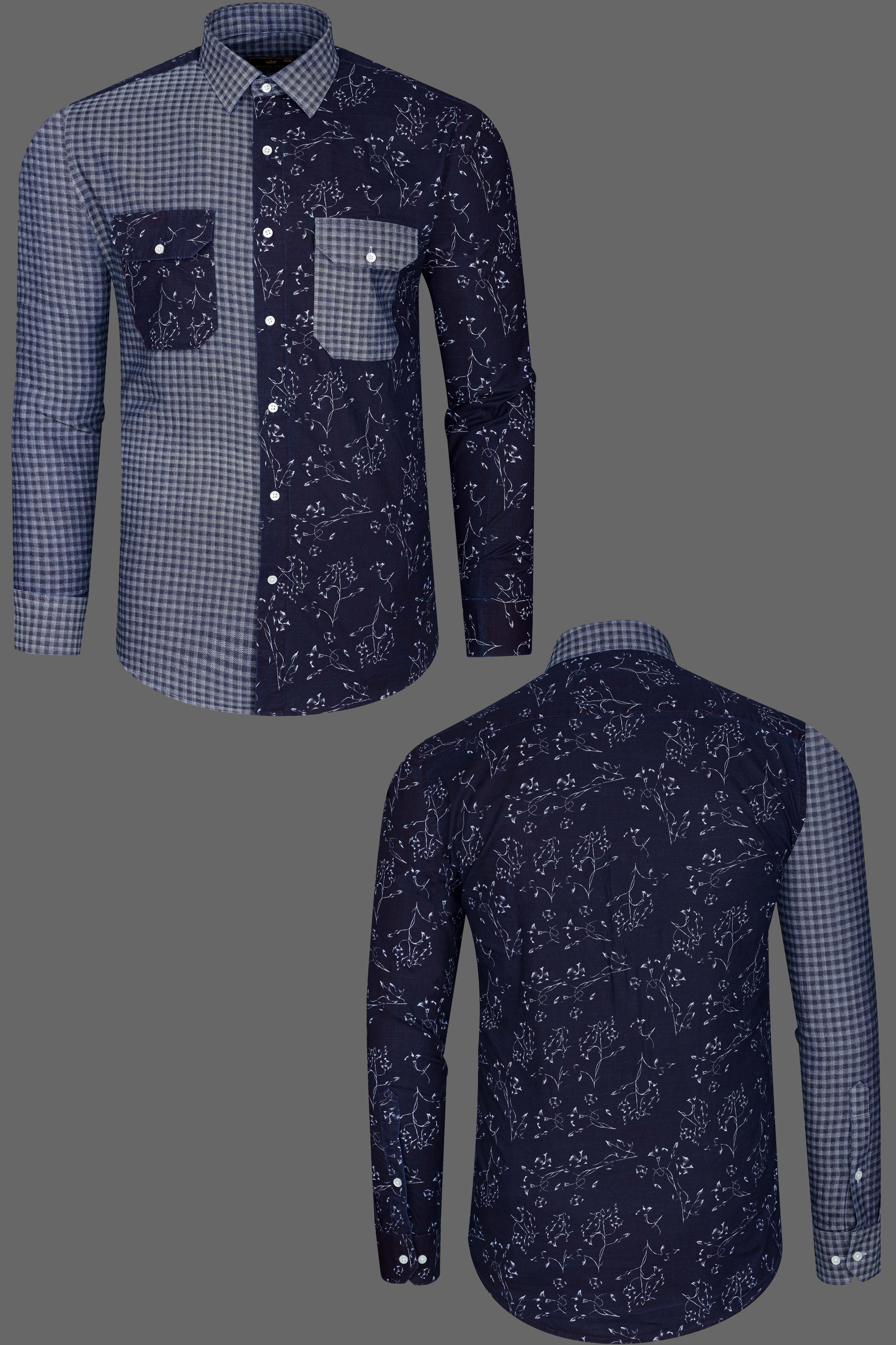 Cedar Blue with Storm Gray Gingham Printed Herringbone Designer Shirt