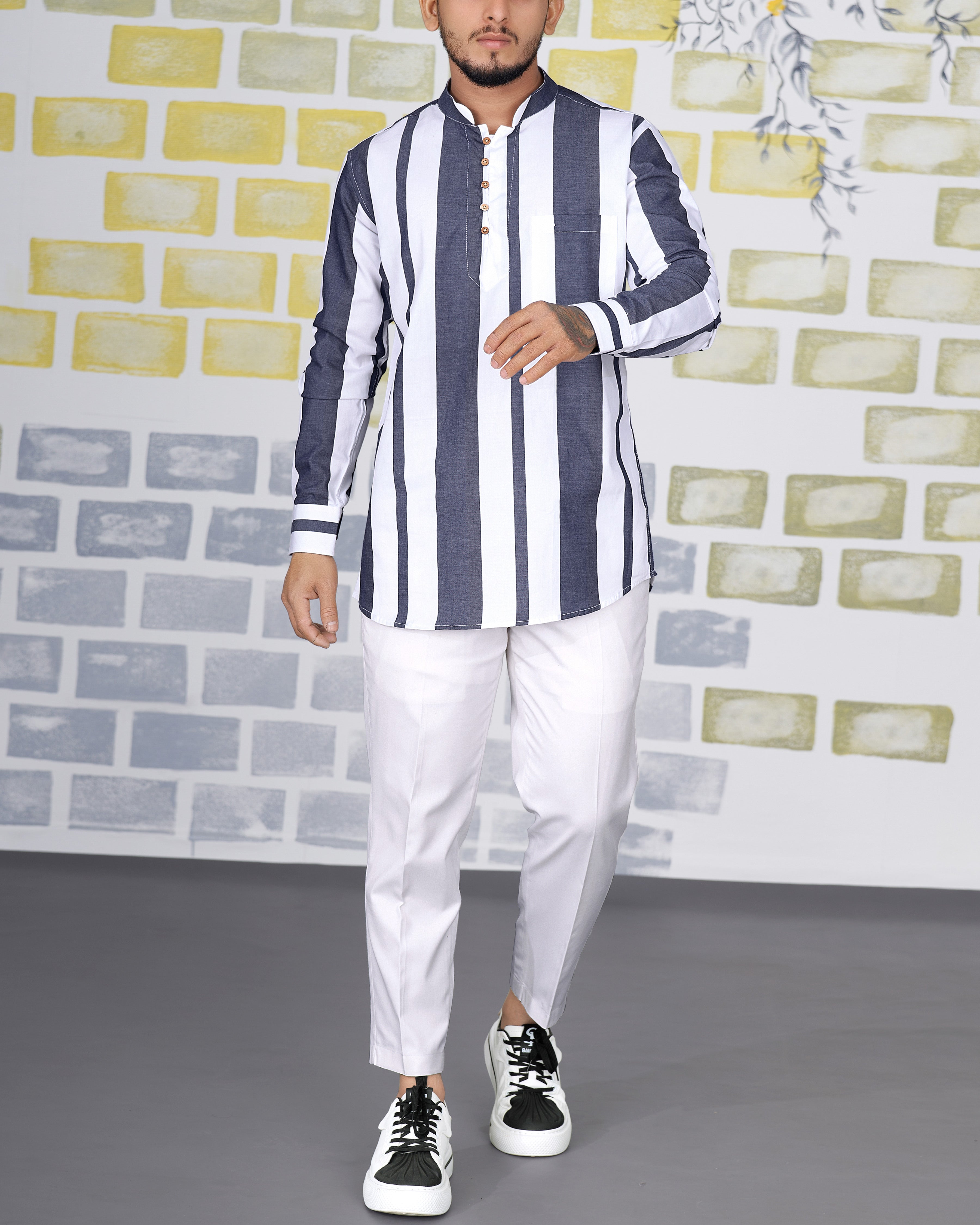 Bright White with Vampire Blue Striped Royal Oxford Kurta Shirt