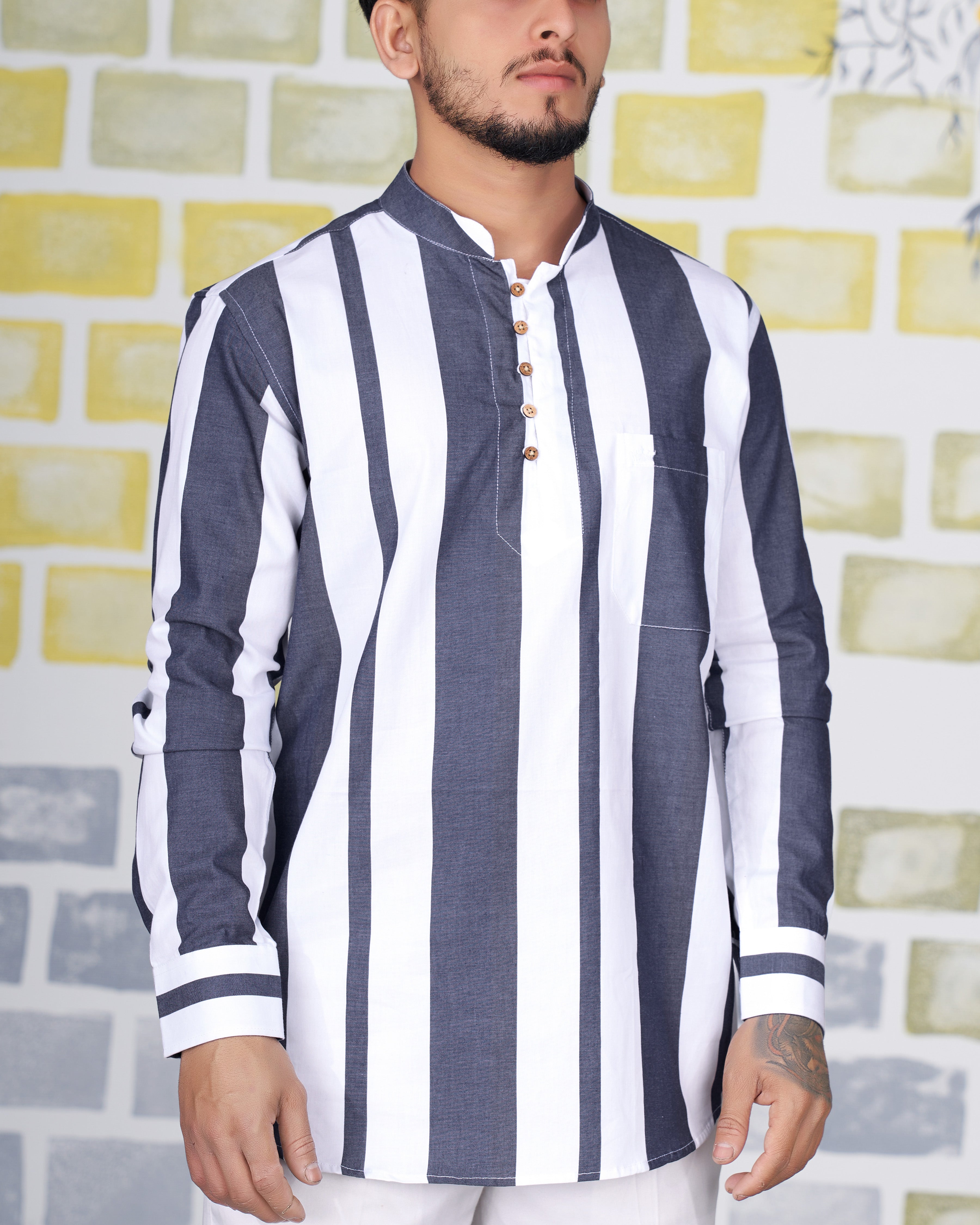 Bright White with Vampire Blue Striped Royal Oxford Kurta Shirt