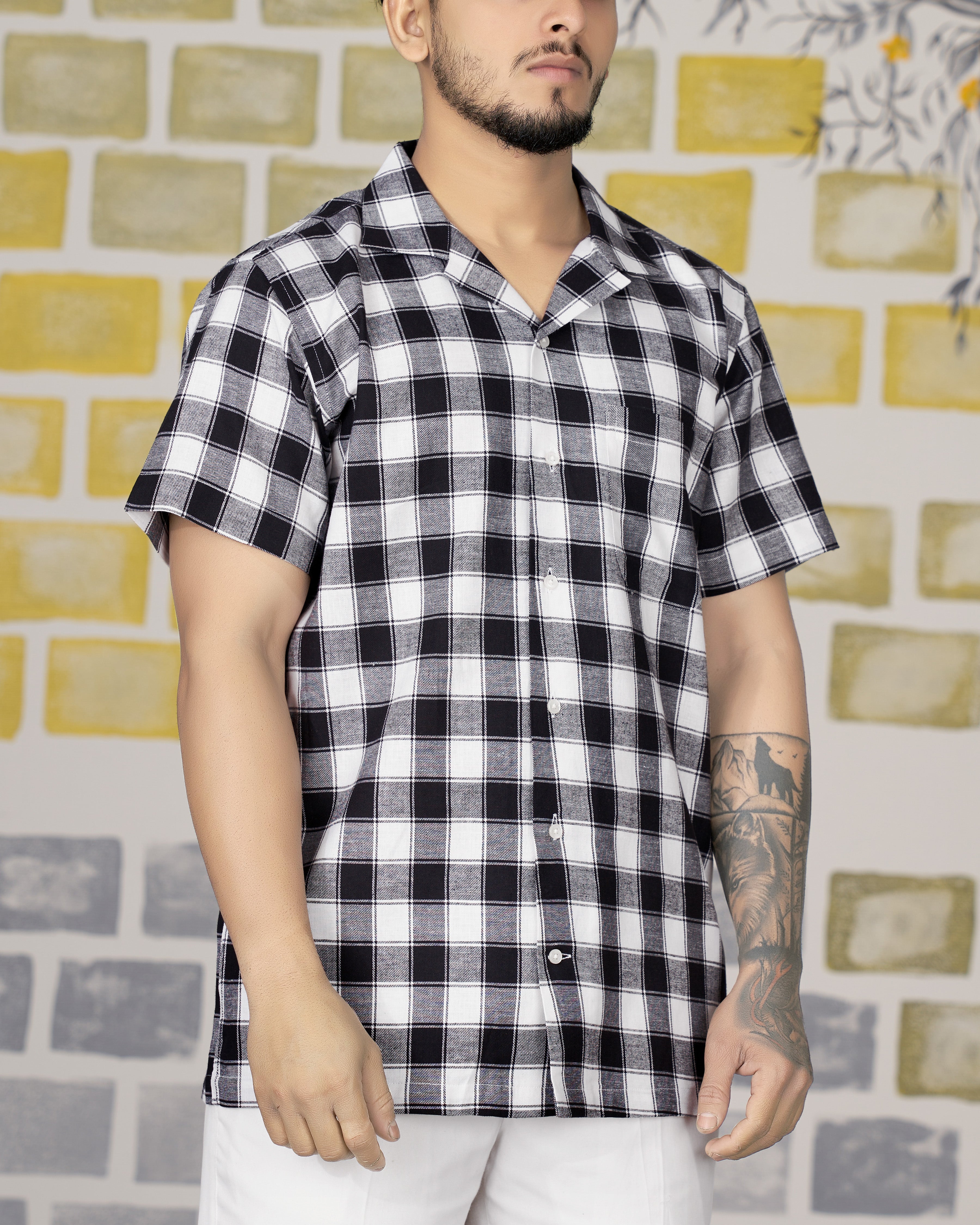 Bright White and Black Checked Dobby Textured Premium Giza Cotton Shirt