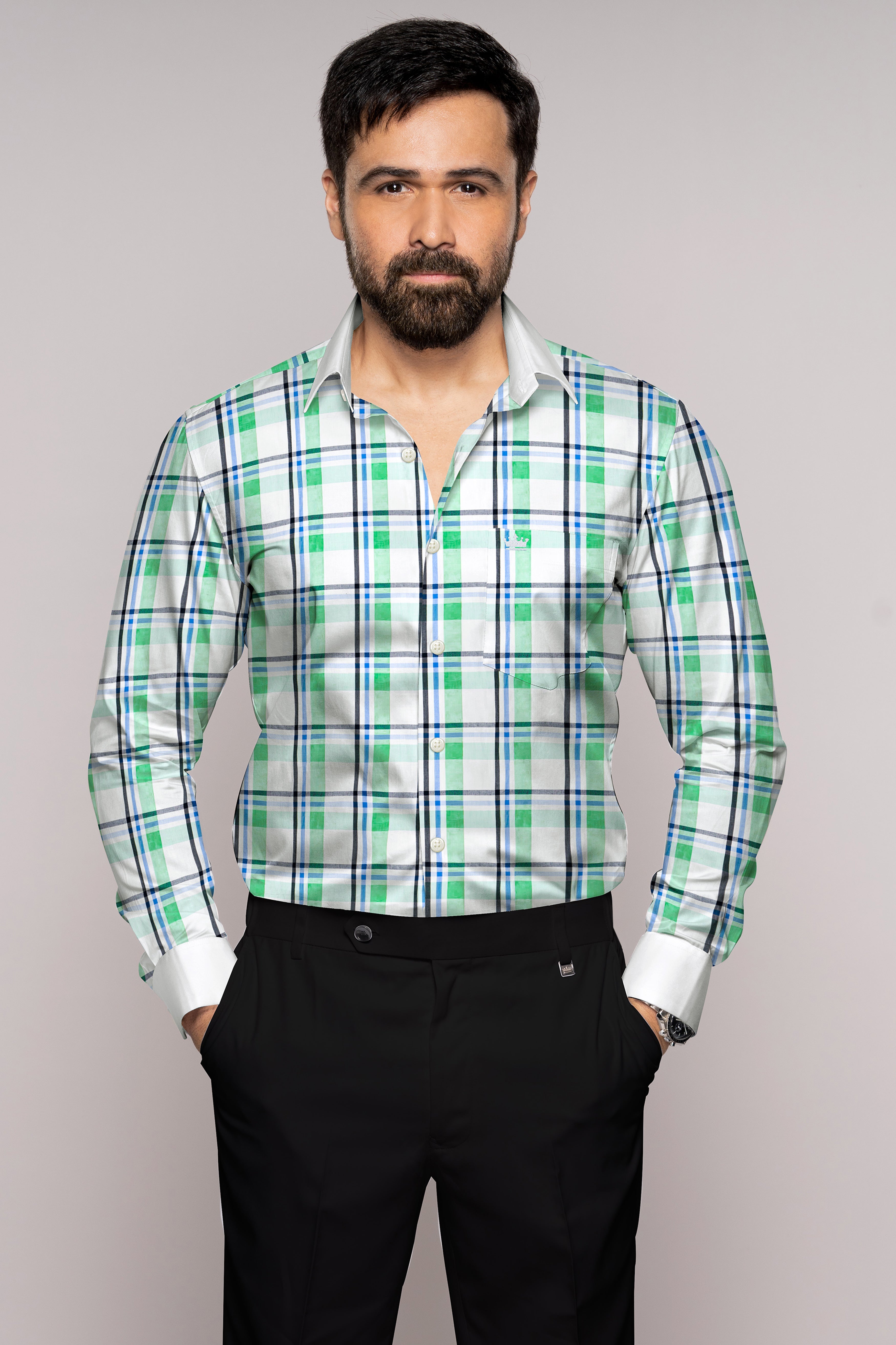 Bright White with Oxley Green and Black Windowpane Premium Cotton Shirt