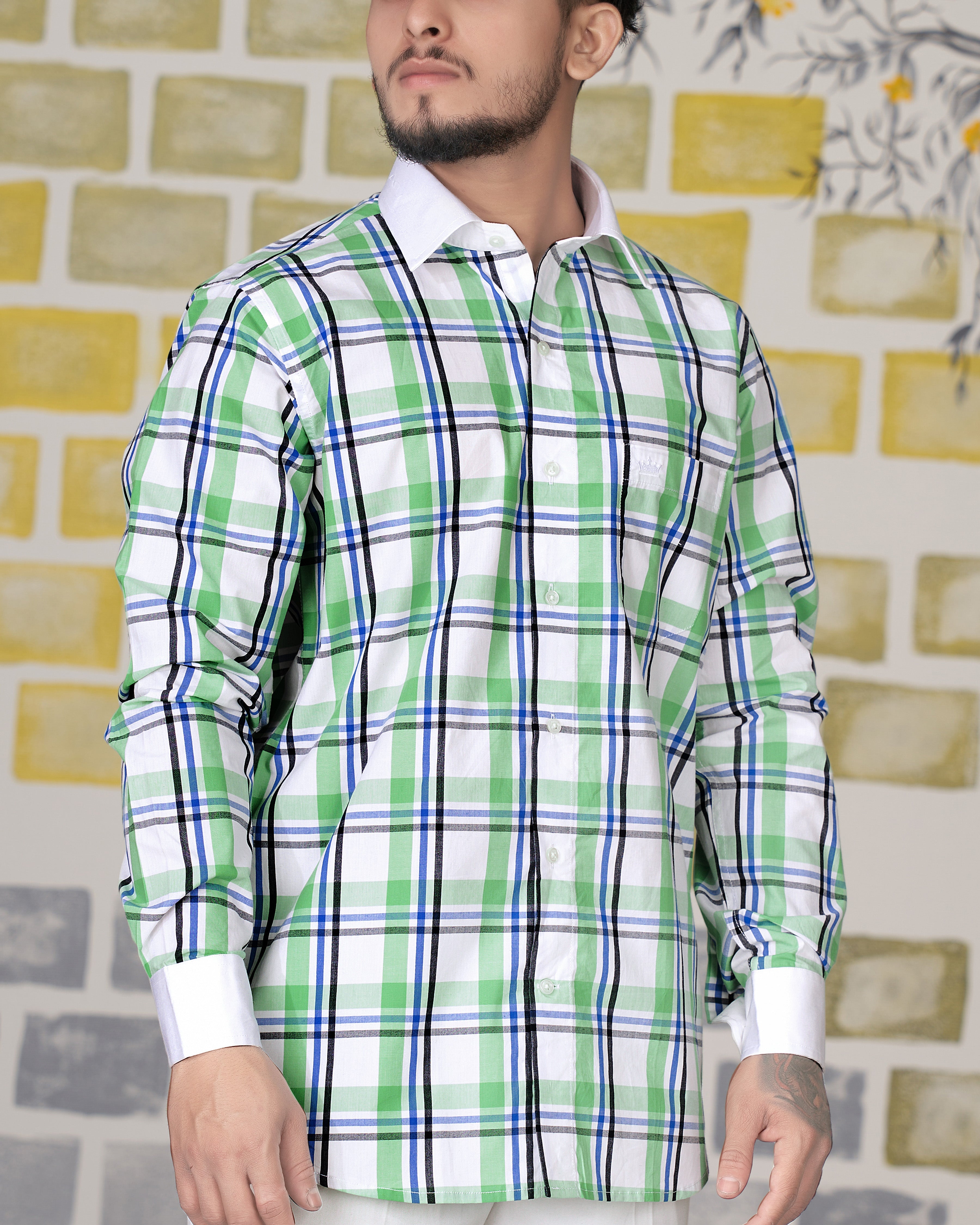 Bright White with Oxley Green and Black Windowpane Premium Cotton Shirt 8711-WCC-38, 8711-WCC-H-38, 8711-WCC-39, 8711-WCC-H-39, 8711-WCC-40, 8711-WCC-H-40, 8711-WCC-42, 8711-WCC-H-42, 8711-WCC-44, 8711-WCC-H-44, 8711-WCC-46, 8711-WCC-H-46, 8711-WCC-48, 8711-WCC-H-48, 8711-WCC-50, 8711-WCC-H-50, 8711-WCC-52, 8711-WCC-H-52