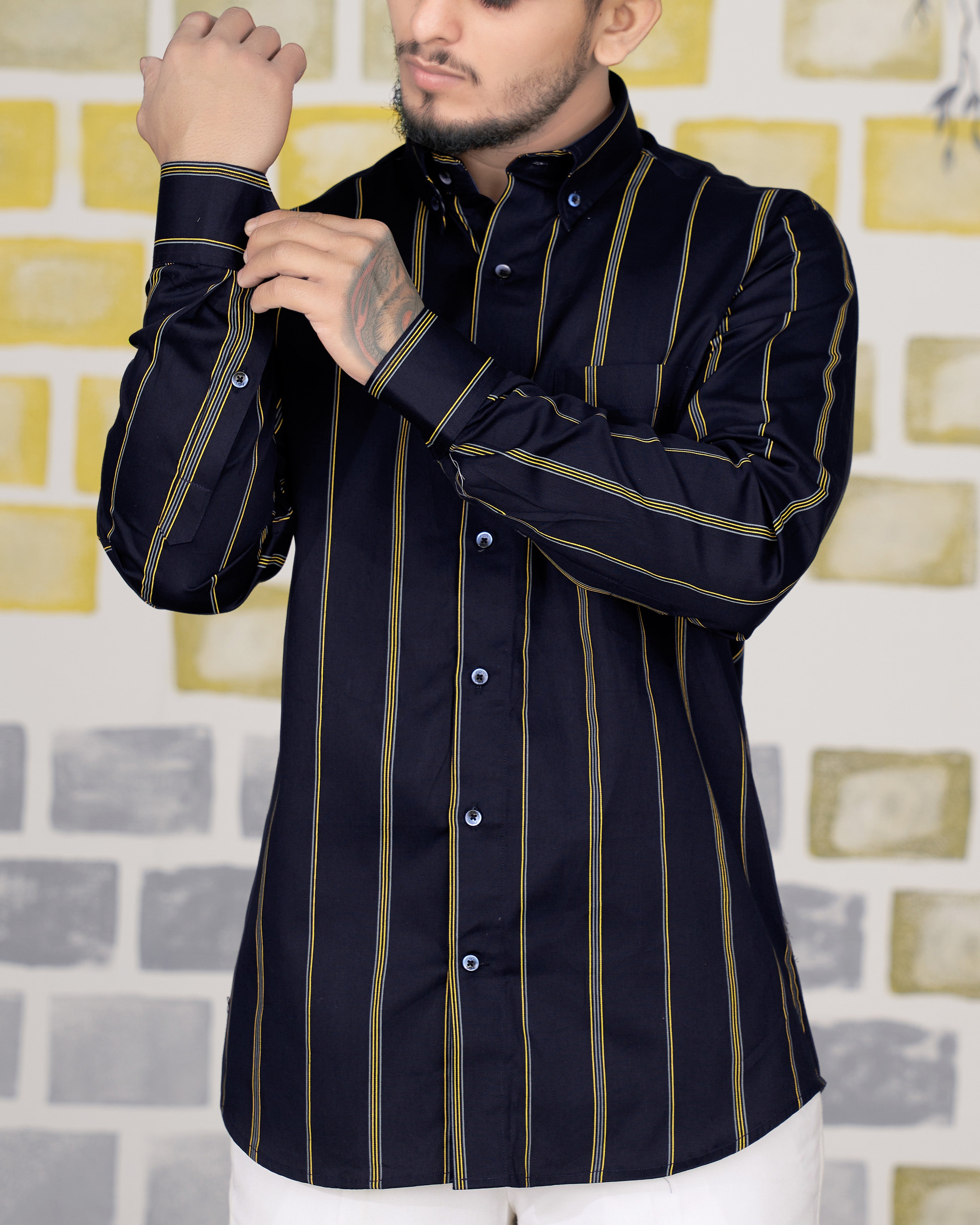 Cinder Black with Porsche Yellow Twill Striped Premium Cotton Shirt