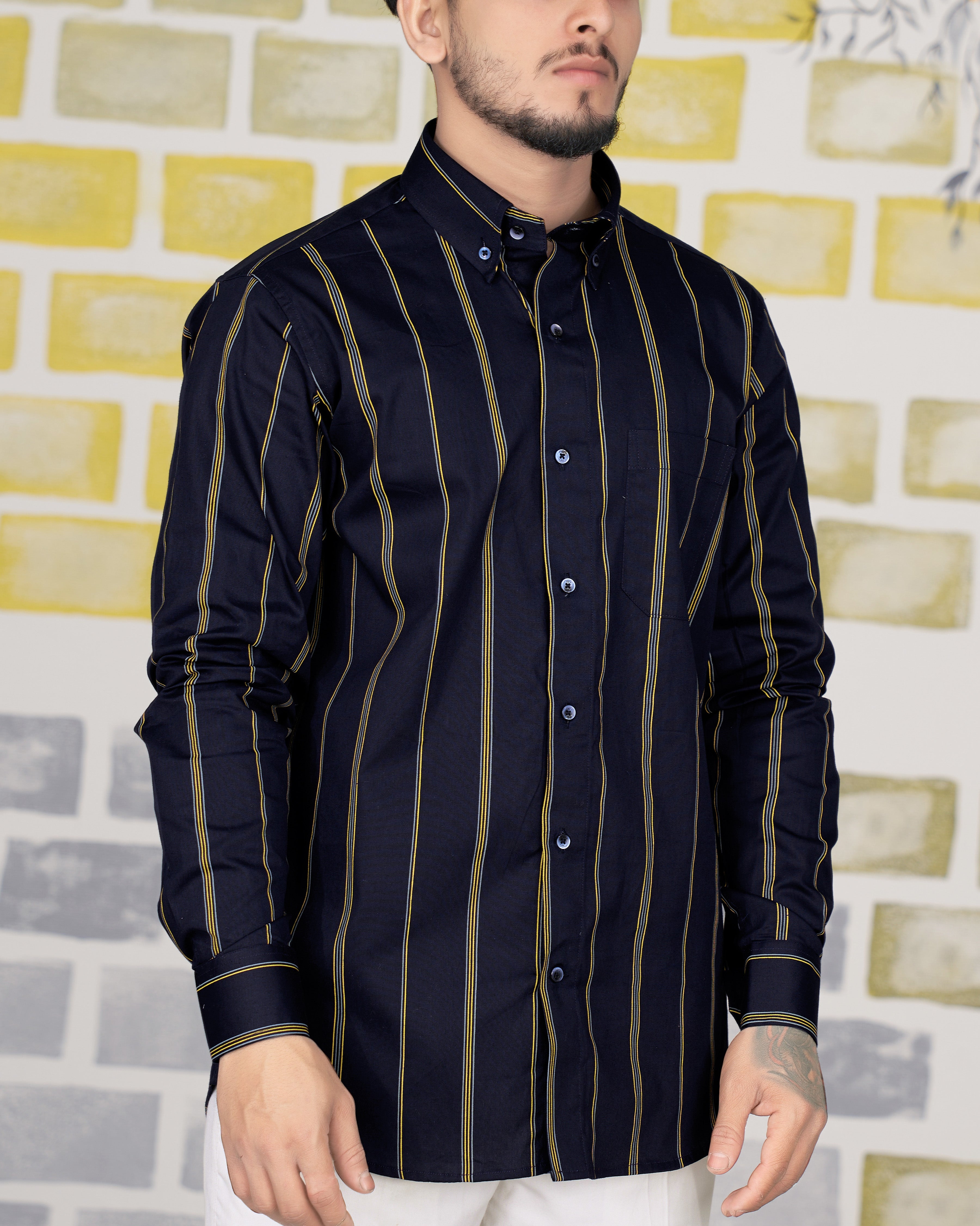 Cinder Black with Porsche Yellow Twill Striped Premium Cotton Shirt