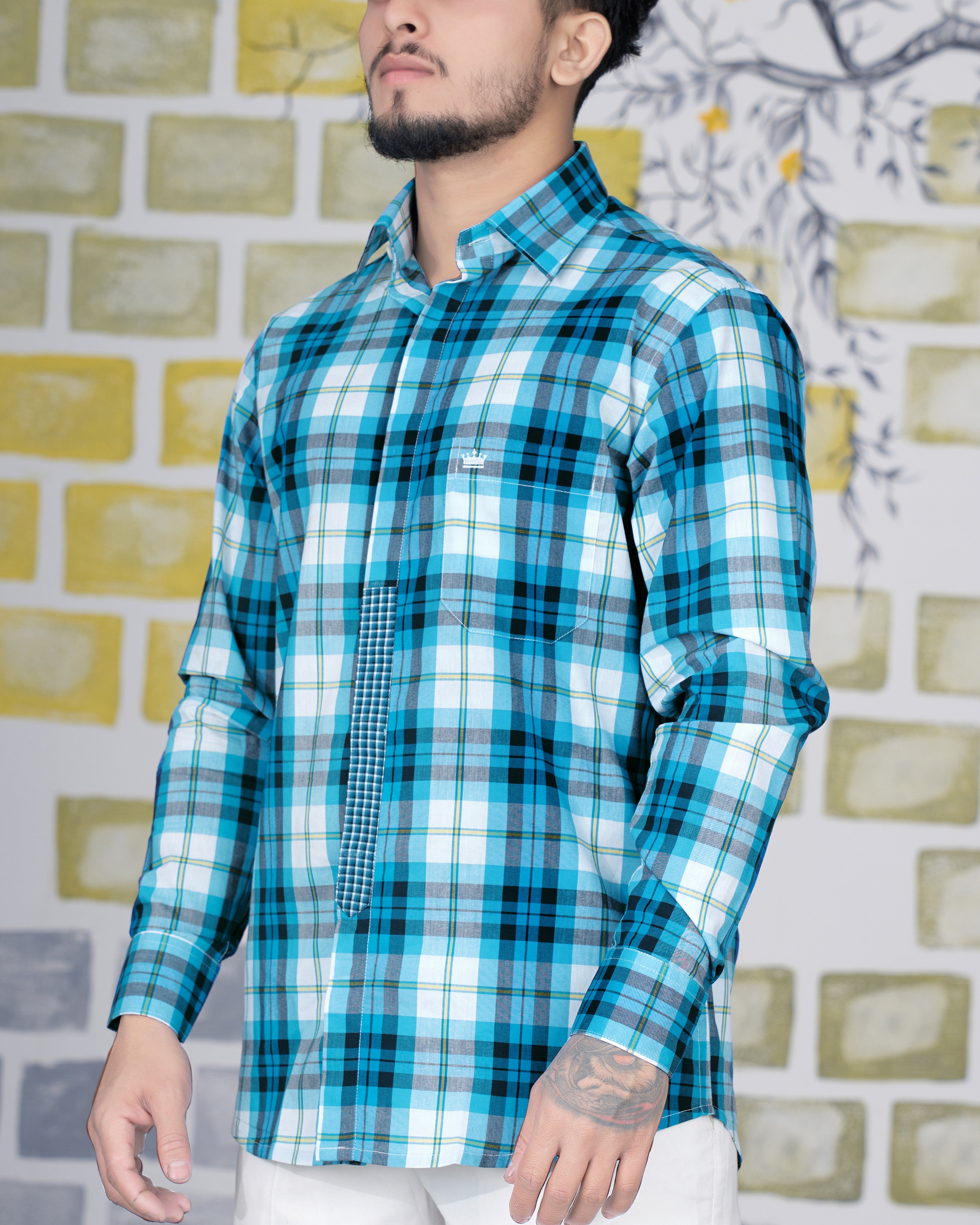 Cerulean Blue with White and Mirage Black Plaid Premium Cotton Designer Shirt