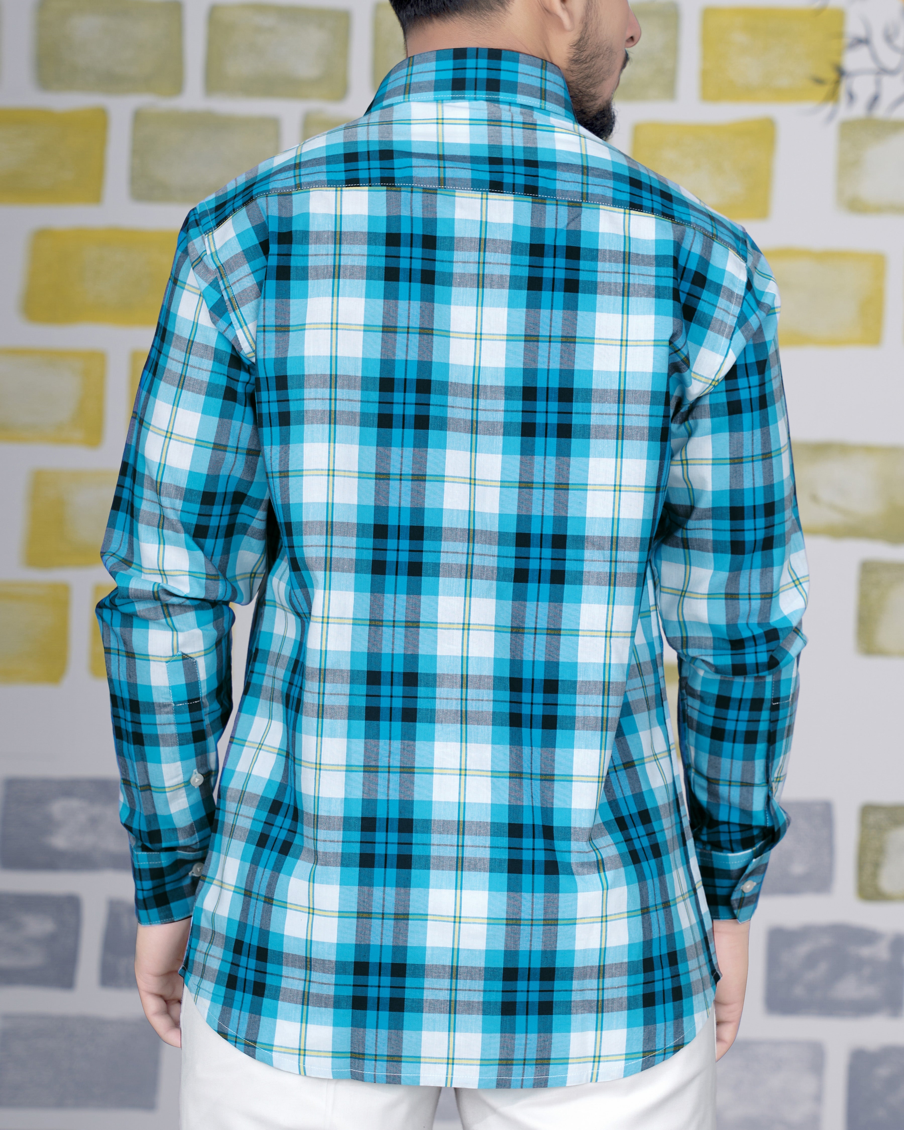 Cerulean Blue with White and Mirage Black Plaid Premium Cotton Designer Shirt