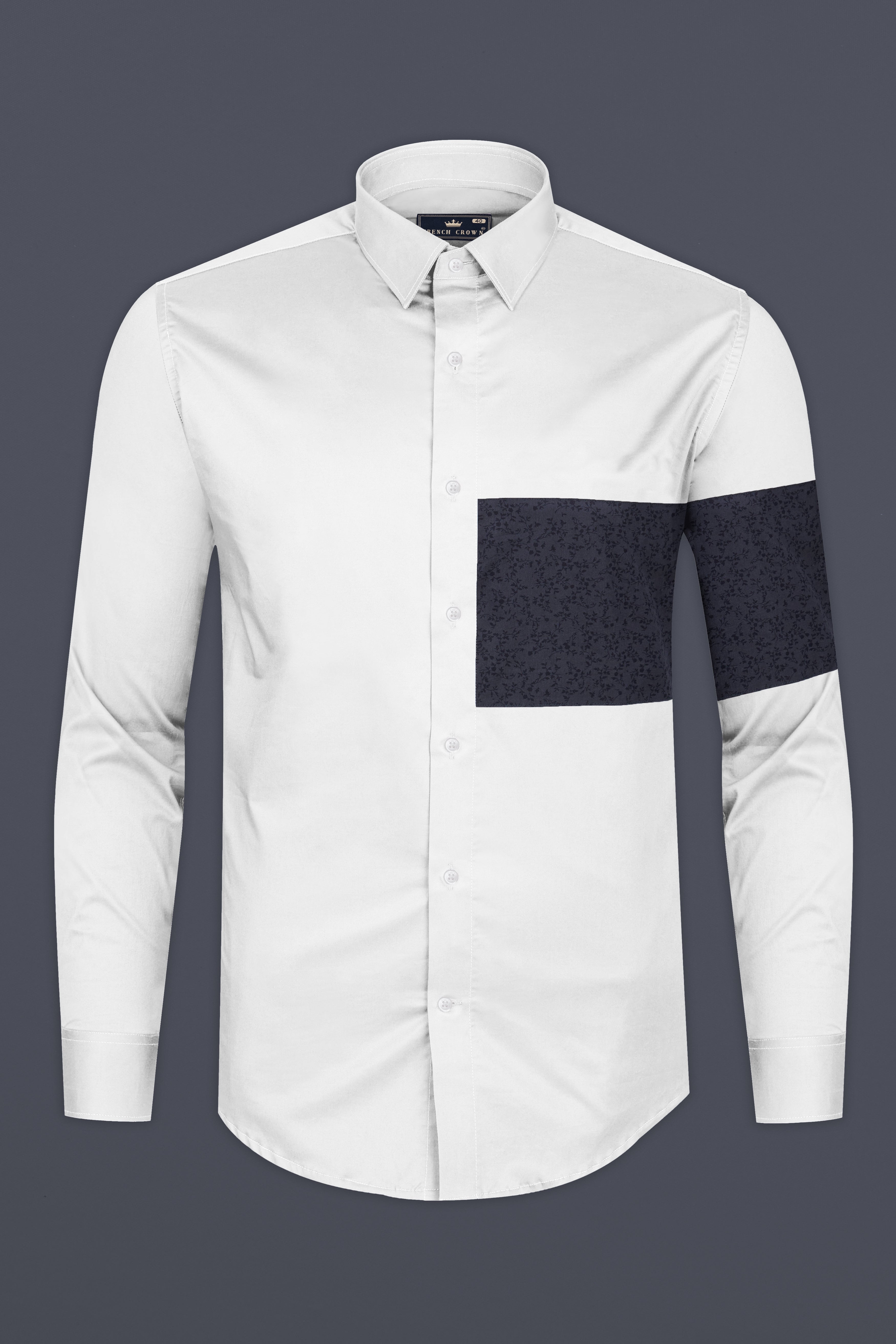 Bright White with Rangoon Navy Blue Patch Work Premium Cotton Designer Shirt