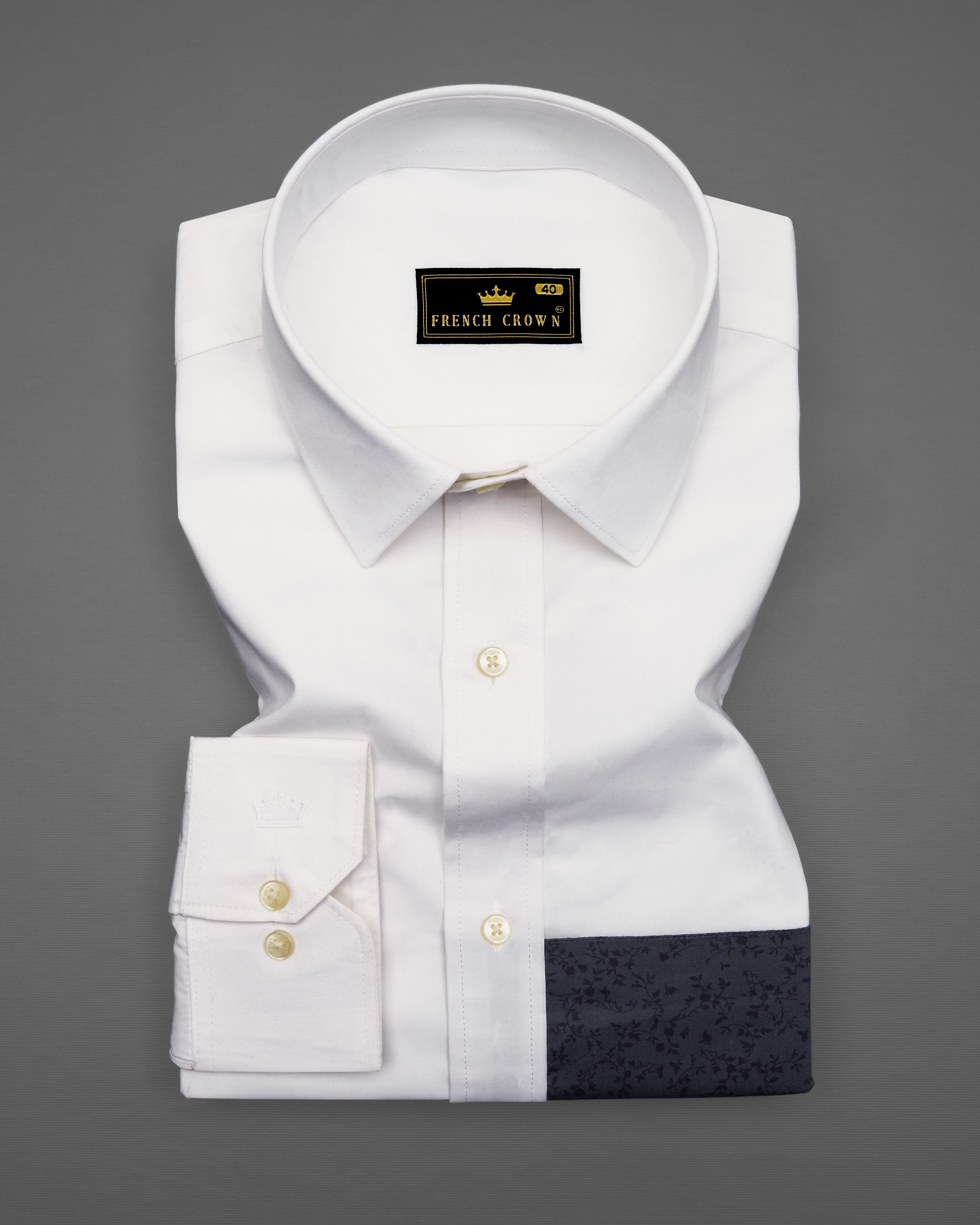 Bright White with Rangoon Navy Blue Patch Work Premium Cotton Designer Shirt