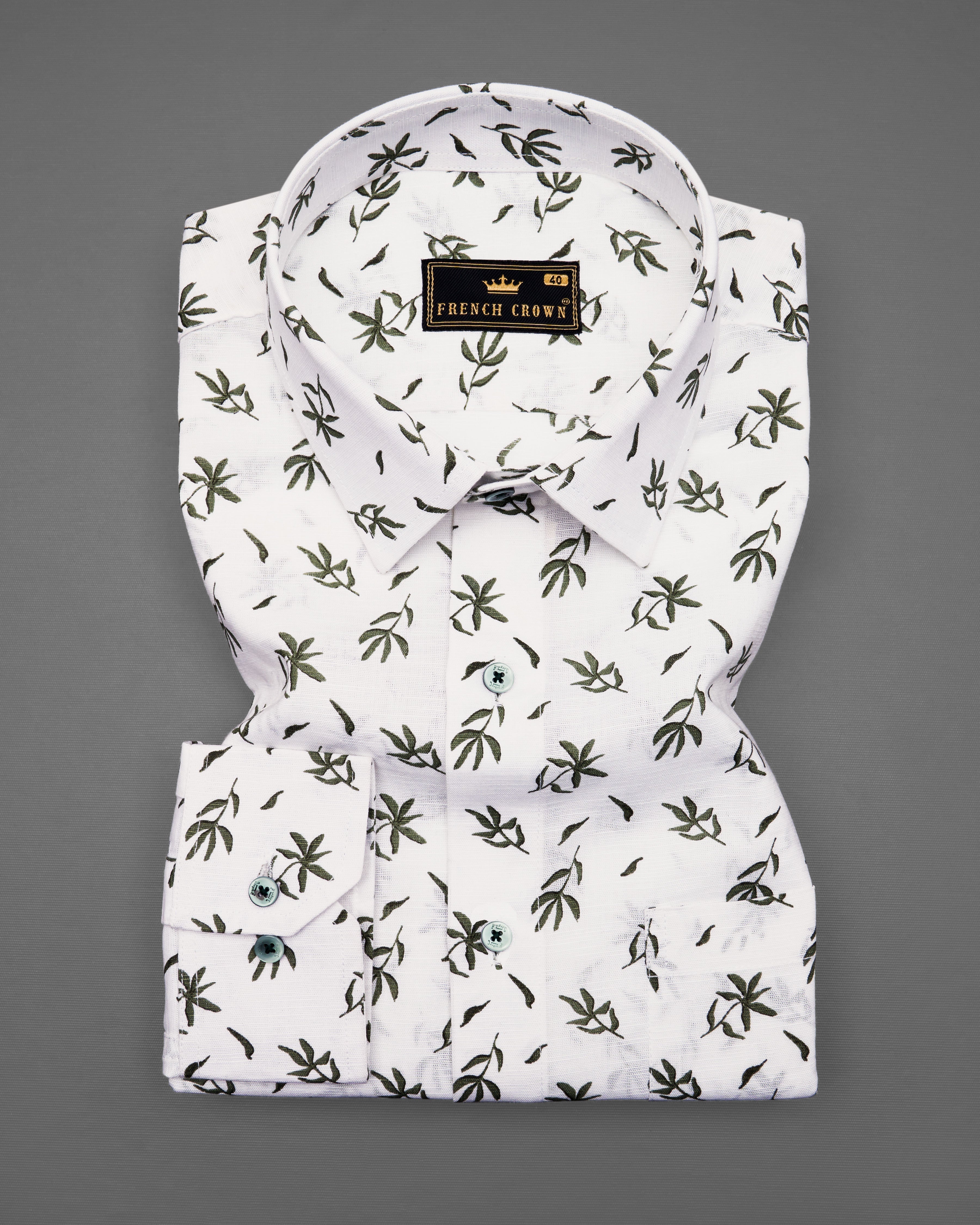 Bright White with Leaves Printed Luxurious Linen Shirt  8738-GR-38,8738-GR-H-38,8738-GR-39,8738-GR-H-39,8738-GR-40,8738-GR-H-40,8738-GR-42,8738-GR-H-42,8738-GR-44,8738-GR-H-44,8738-GR-46,8738-GR-H-46,8738-GR-48,8738-GR-H-48,8738-GR-50,8738-GR-H-50,8738-GR-52,8738-GR-H-52