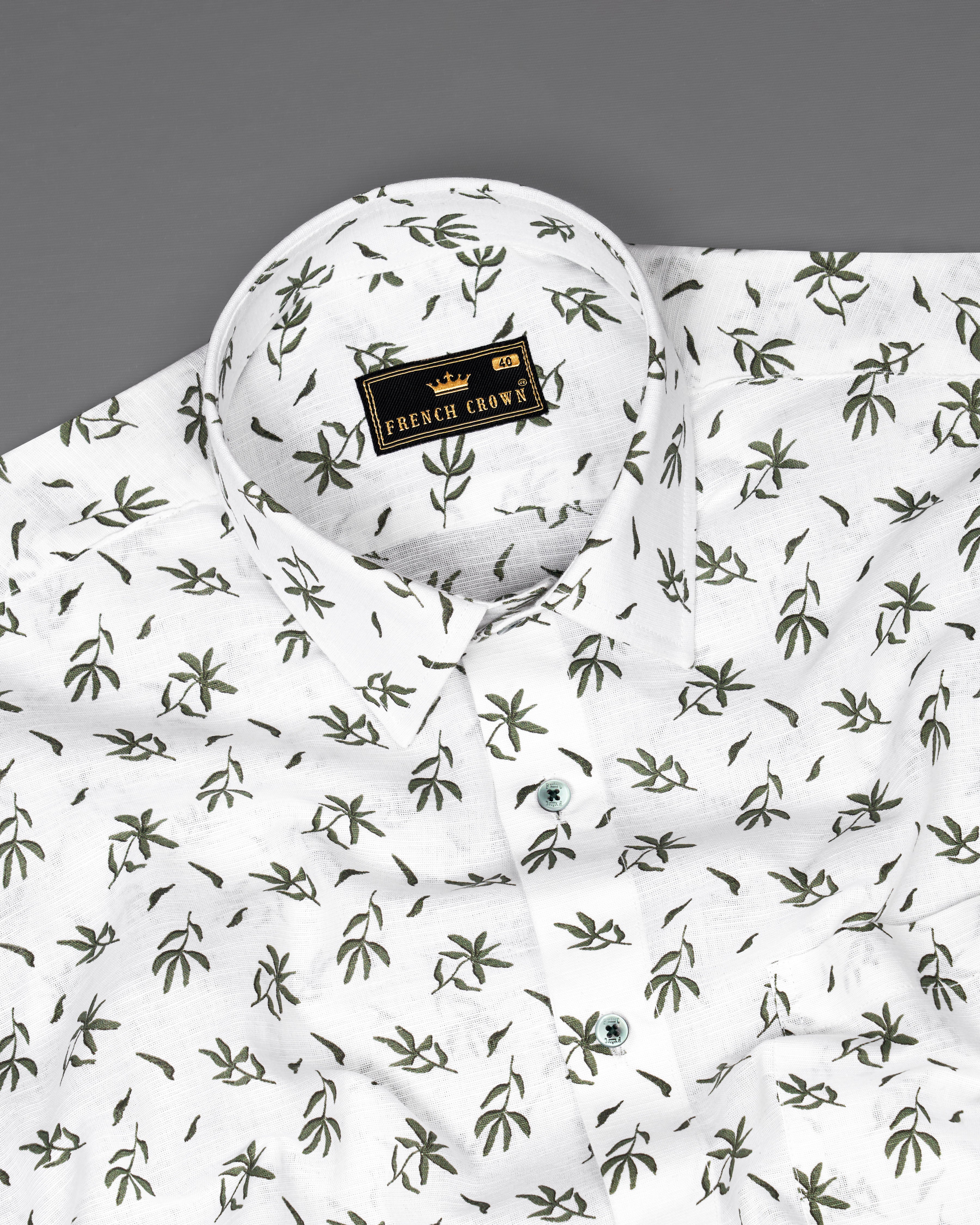 Bright White with Leaves Printed Luxurious Linen Shirt  8738-GR-38,8738-GR-H-38,8738-GR-39,8738-GR-H-39,8738-GR-40,8738-GR-H-40,8738-GR-42,8738-GR-H-42,8738-GR-44,8738-GR-H-44,8738-GR-46,8738-GR-H-46,8738-GR-48,8738-GR-H-48,8738-GR-50,8738-GR-H-50,8738-GR-52,8738-GR-H-52